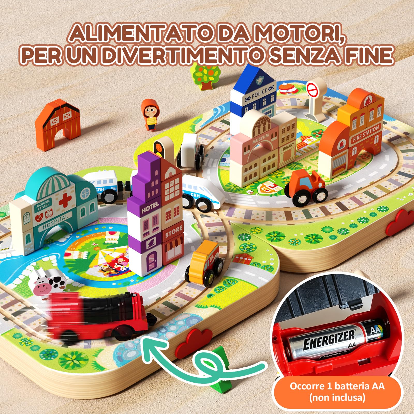 58 Pezzi Circuito Trenino in Legno, Valigetta Pieghevole di Gioco con Costruzioni Città e Auto, Gioco Educativo Montessori, Regalo Bambini 3 4 5 6 Anni