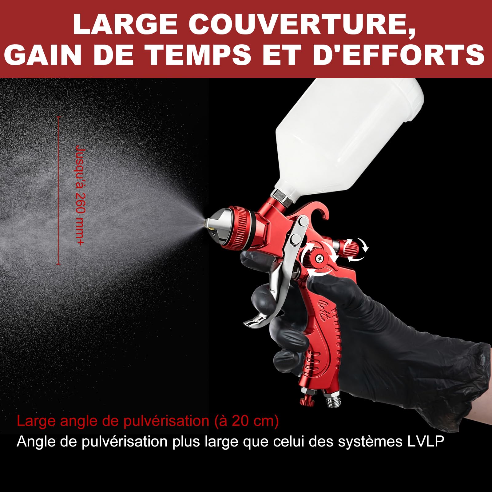 Pistolet HVLP avec Buses de 1,4/1,7/2,0/2,5 mm et manomètre, kit de Pistolet à air Comprenant Un Pistolet à Peinture Automobile à Alimentation par gravité, adapté à la Peinture Automobile