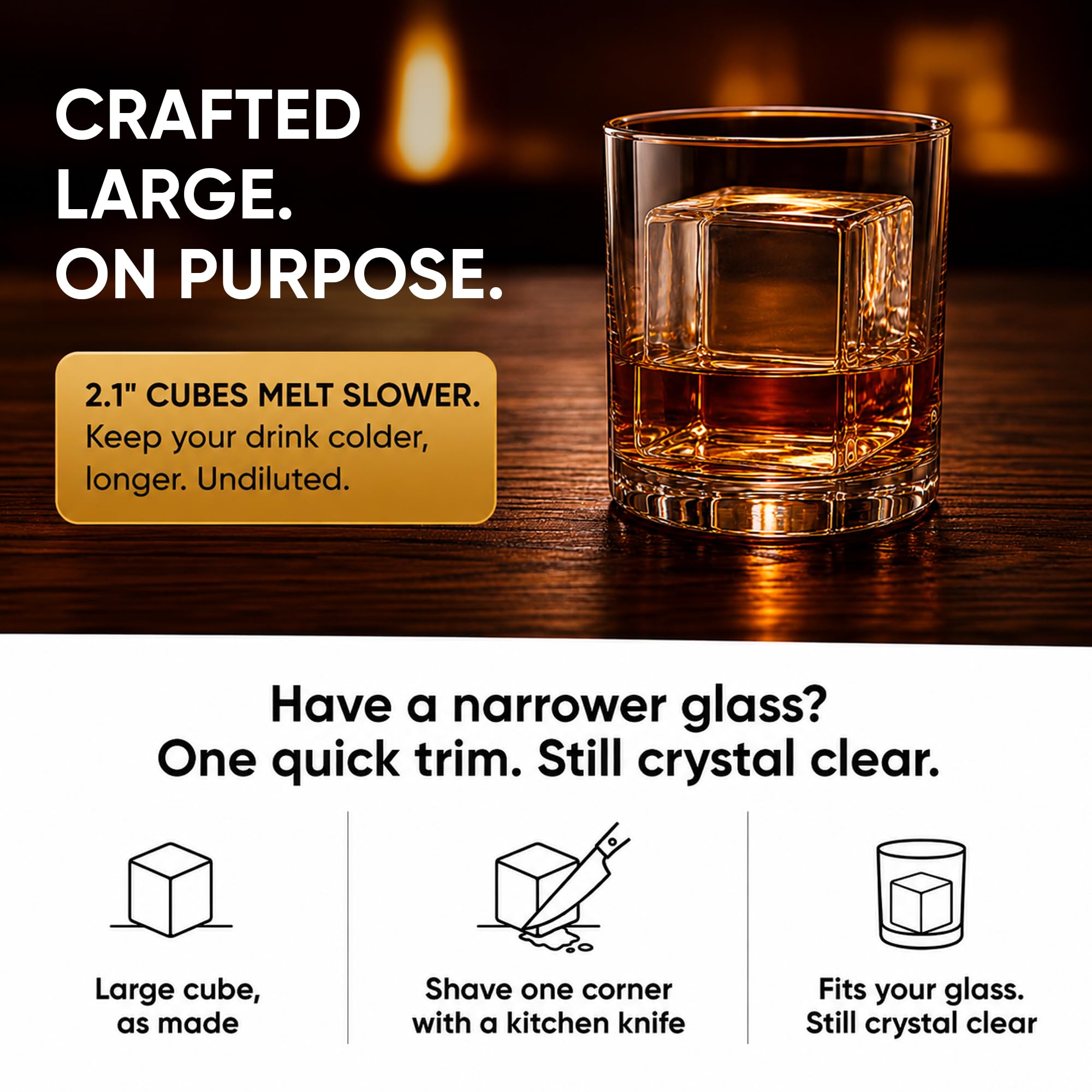 Berlinzo Transparente Eiswürfelform – 8 Whiskey-Quadrate à 5,3 cm, nicht elektrisch