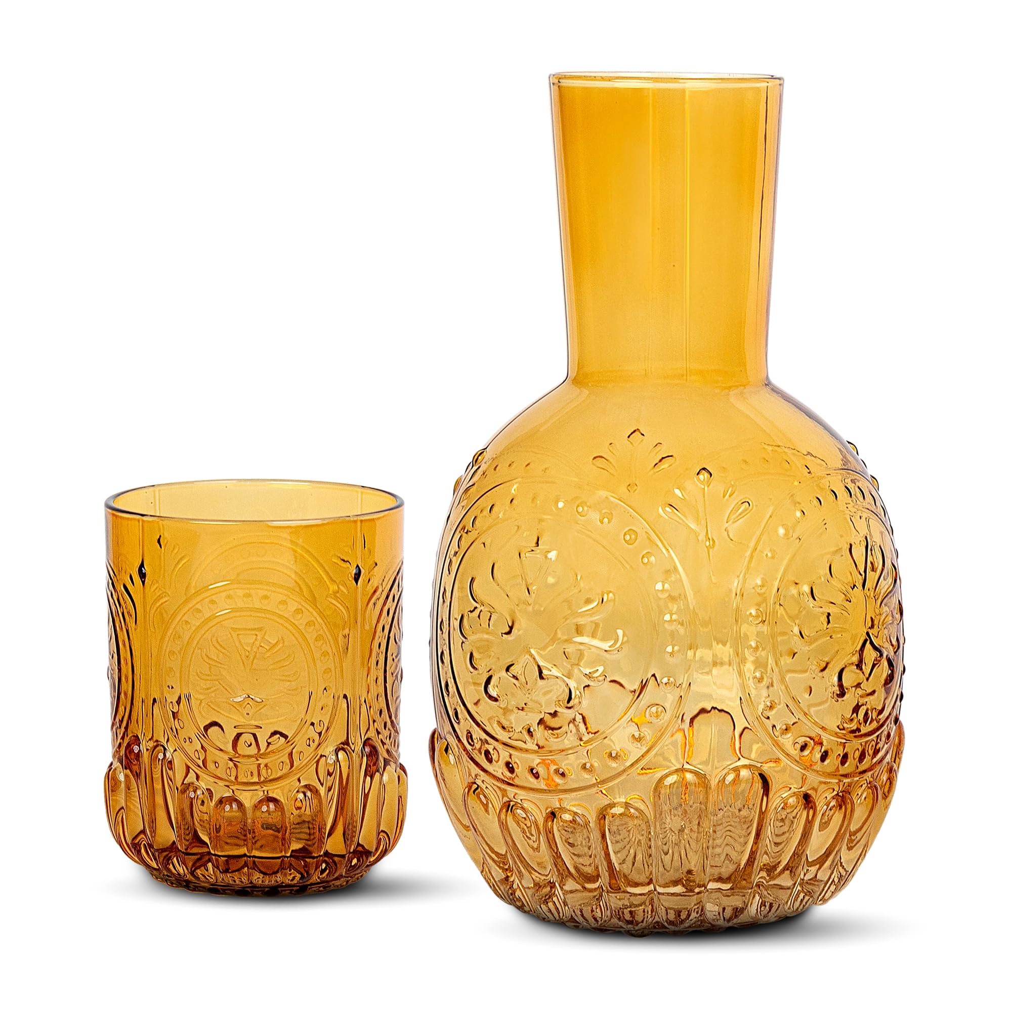 elle decor 2 Pc Carafe Set | Bedside Night Water Carafe | Glass Pitcher and Cup that Doubles as a Lid | Glass Tumbler Perfect for Storing Water, Juice, and Other Drinks on Desktop/Shelf (Amber)