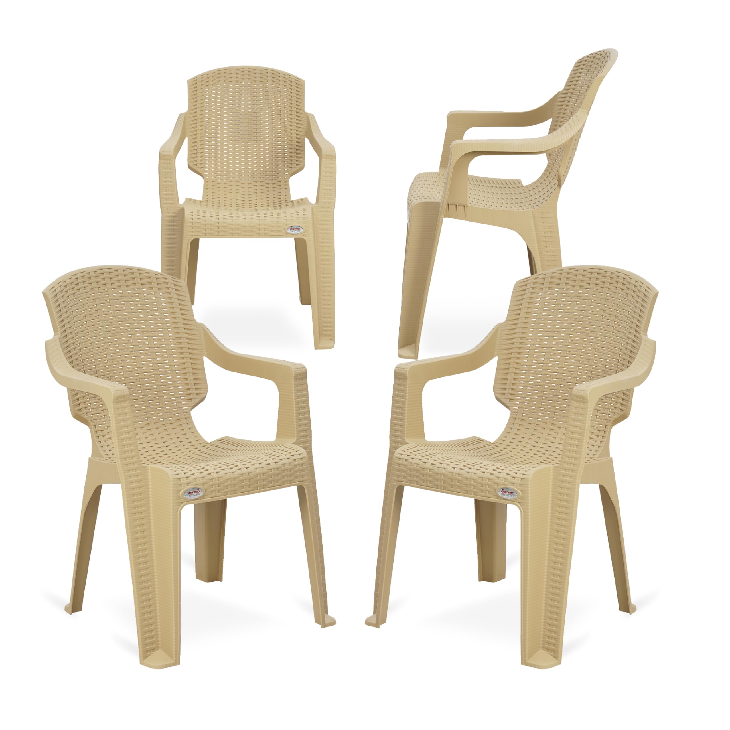 Supreme chairs Mark Designer Back Rattan Type Plastic Chair in Matte Finish with Armrest for Home and Office Use (Color: Cane, Count: 4)