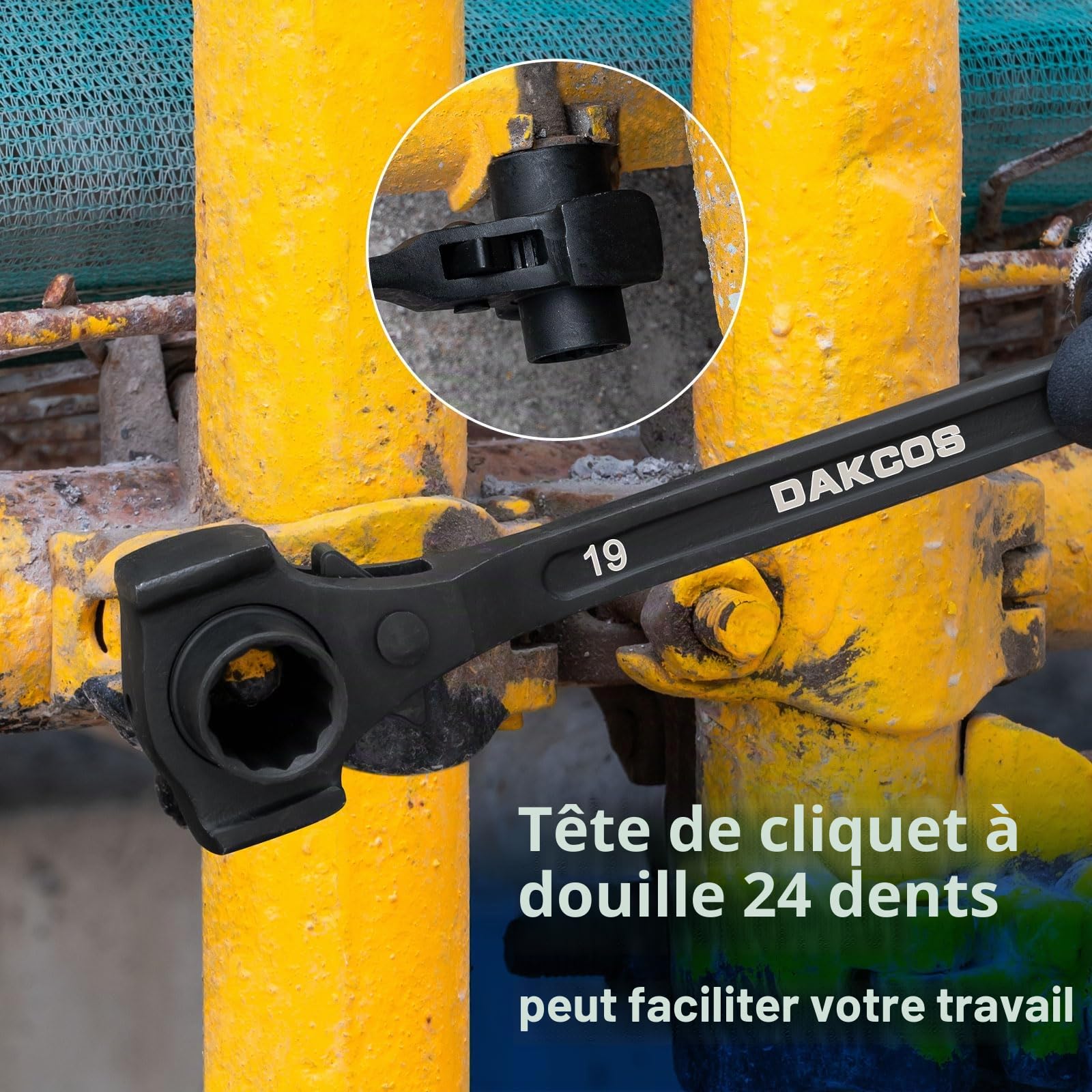 DAKCOS Cliquet d'échafaudage 19/22 mm 3 en 1 réversible droite/gauche en CR-V avec phosphatation noire résistante à la corrosion