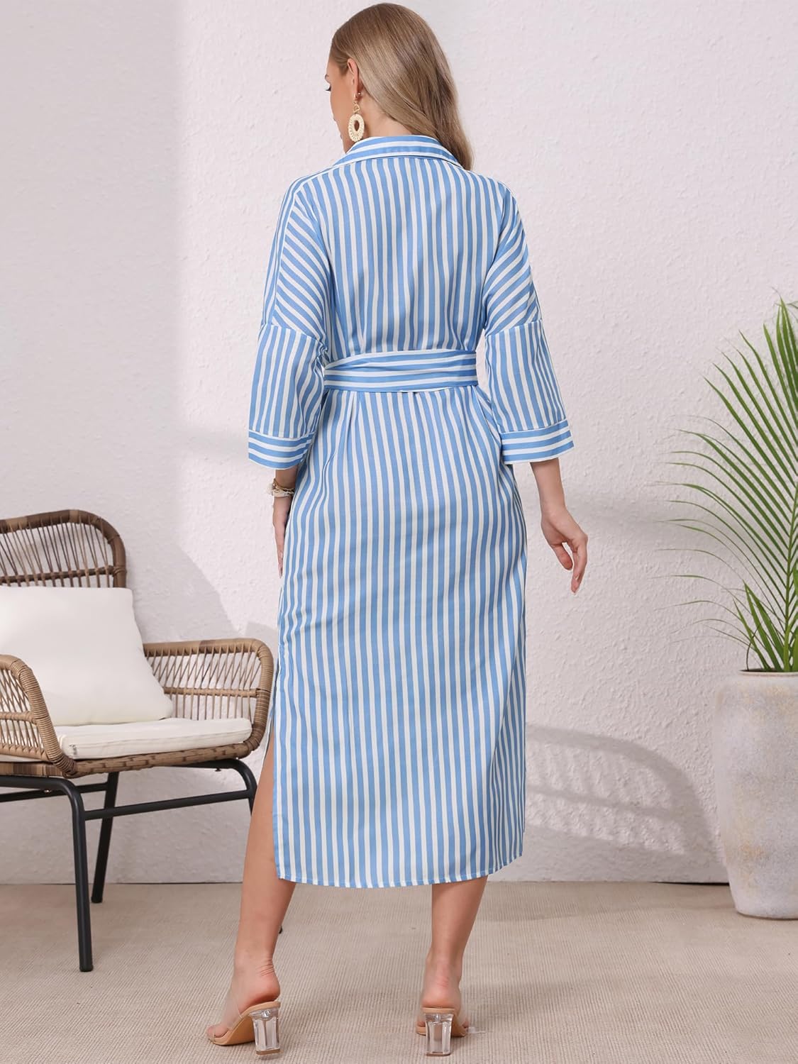Allegra K Casual Stripe Shirt Dress for Women's 3/4 Sleeve Button Down Split Belted Midi Shirtdress - Image 2