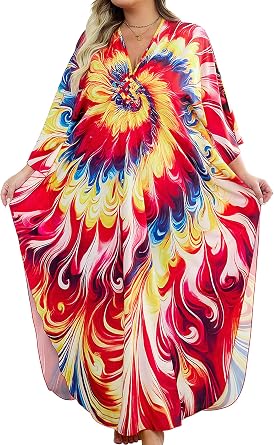 Yanziliu Kaftan Dresses Plus Size V-Neck Womens Swimwear Cover Ups Tie Dye Batwing Sleeves Mumu Caftan Dress