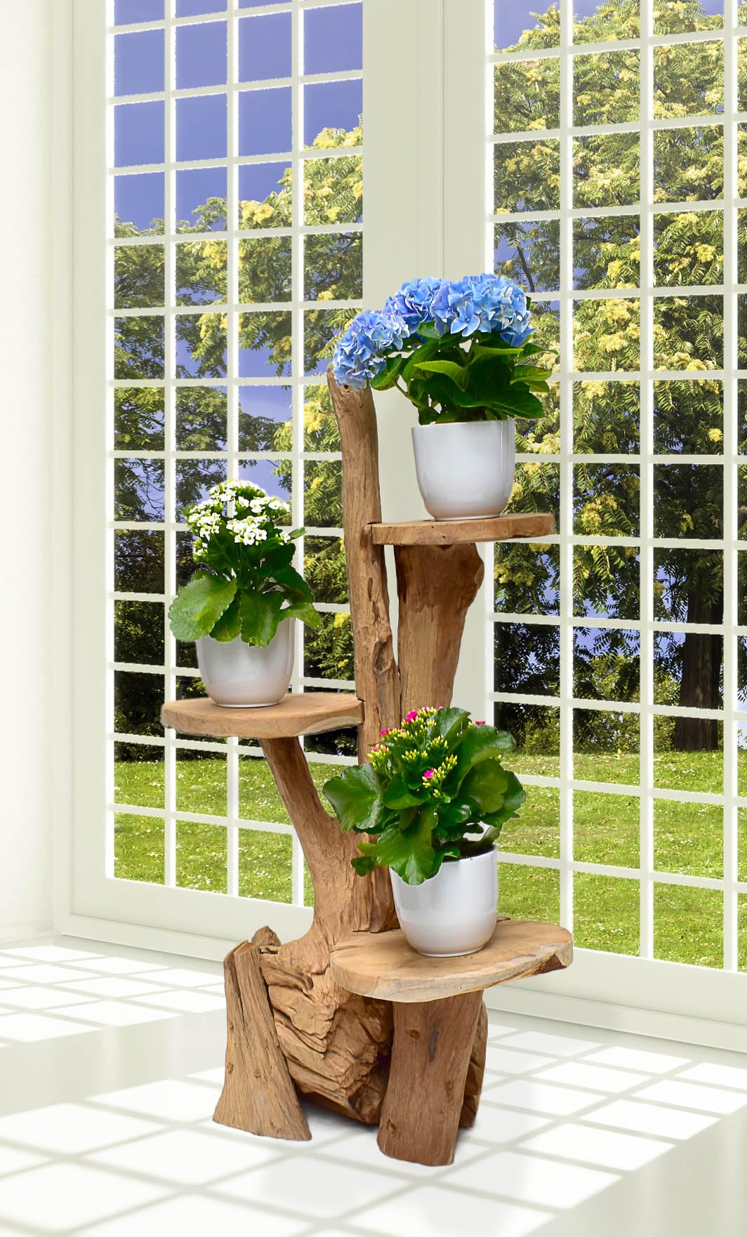 Teak Blumenständer mit 3 Ablagen Blumenpodest Pflanzentreppe Blumenregal Ständer Blumenhocker Massiv Holz Podest Regal 60cm