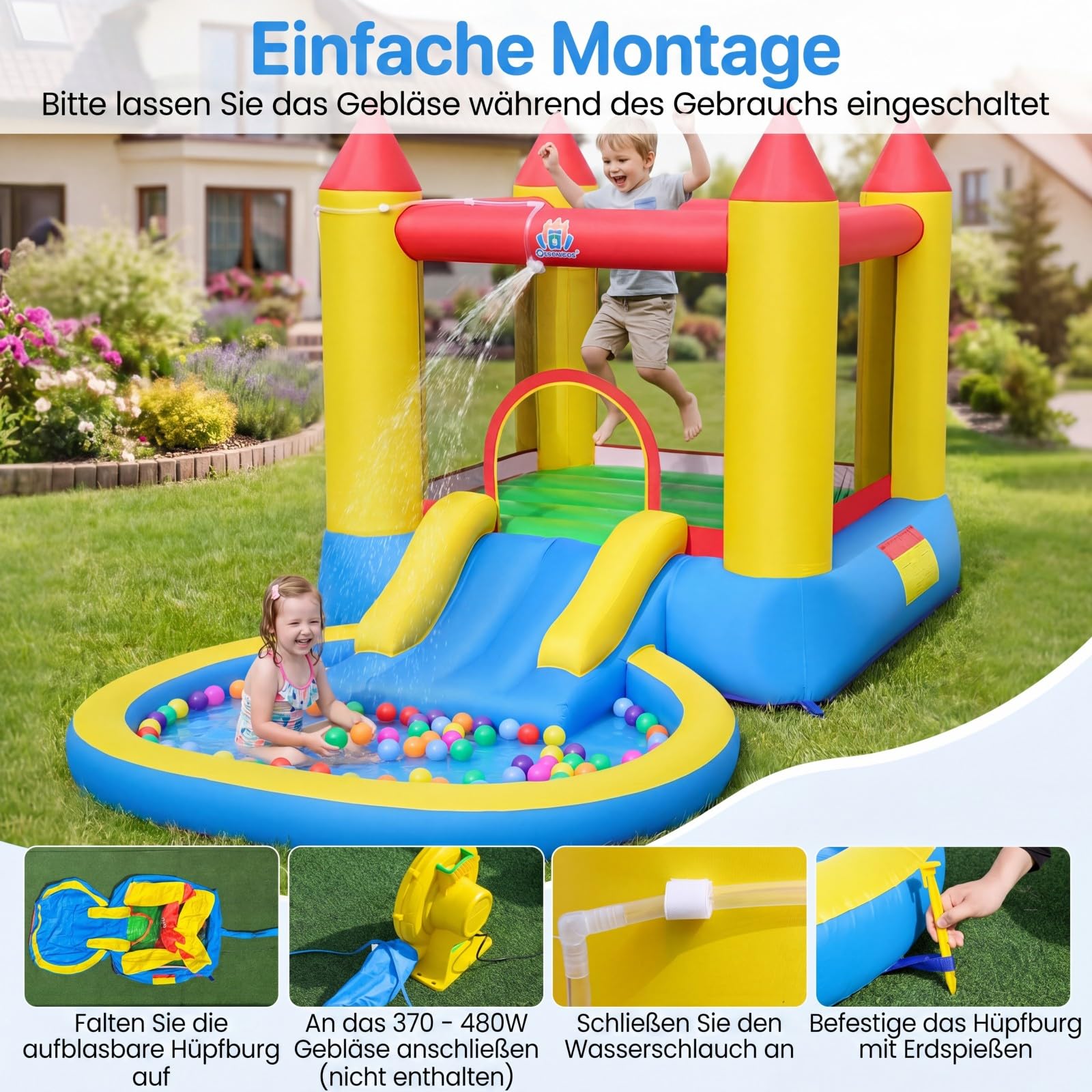 COSTWAY Hüpfburg mit Rutsche, Sprungbereich & Planschbecken, Bouncy Castle für Kinder, Innen- und Außenbereich, 362 x 196,5 x 193 cm