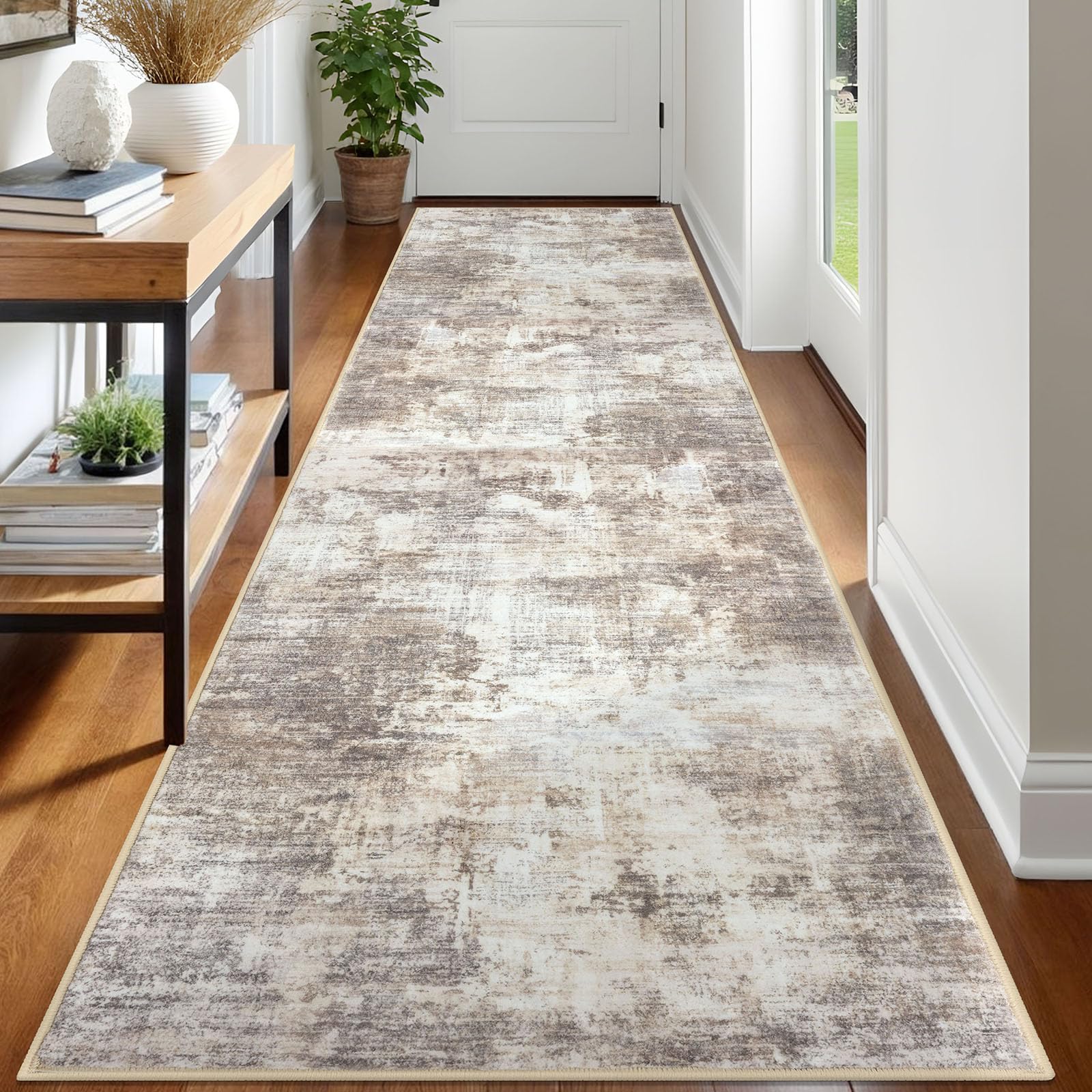 IOHOUZE Abstract Runner Rug 3x12 Ft Washable Runners for Hallways, Non Slip Kitchen Runner Printed Faux Wool Entryway Runner Indoor, Modern Abstract