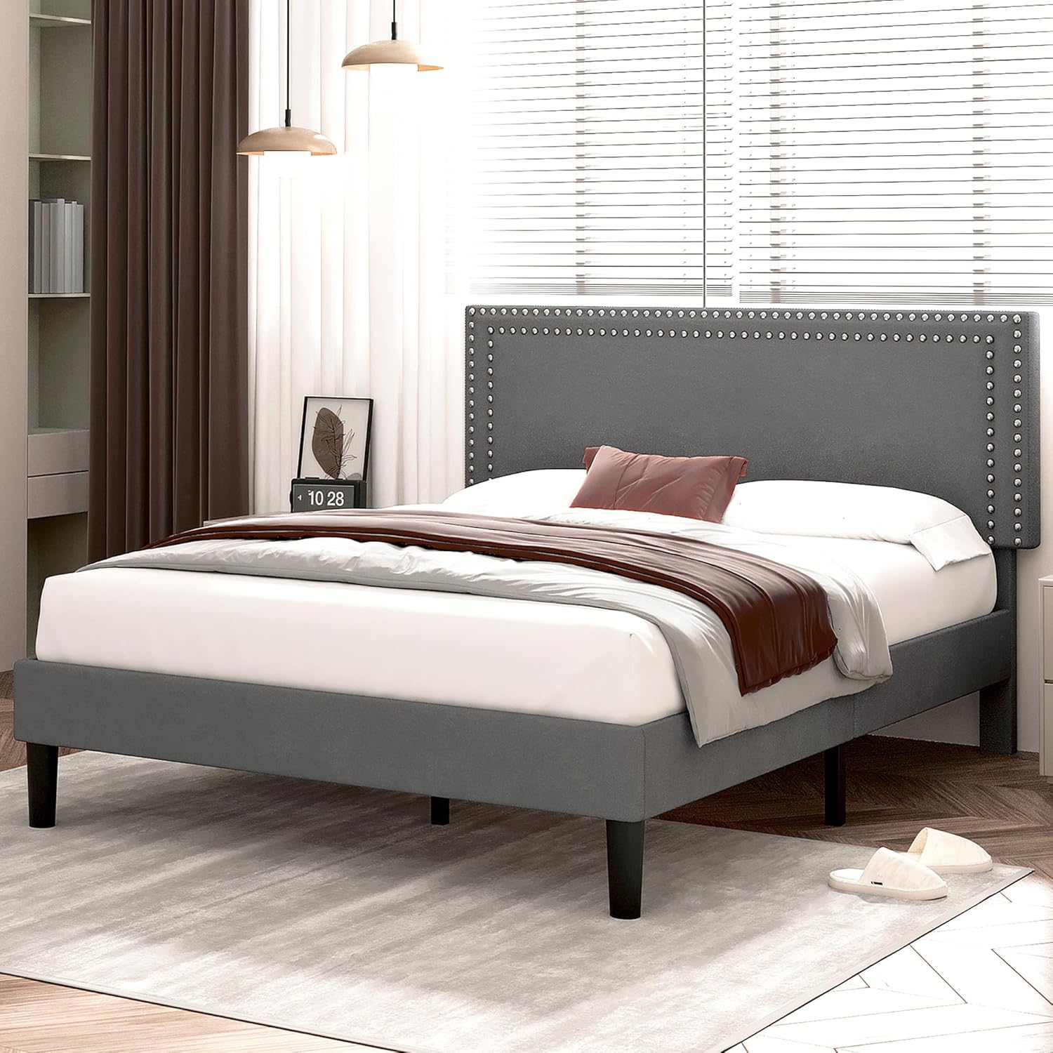 VECELO Queen Size Bed Frame with Adjustable Upholstered Headboard, Wooden Slats Platform, Noise-Free Design, No Box Spring Needed, Easy Assembly
