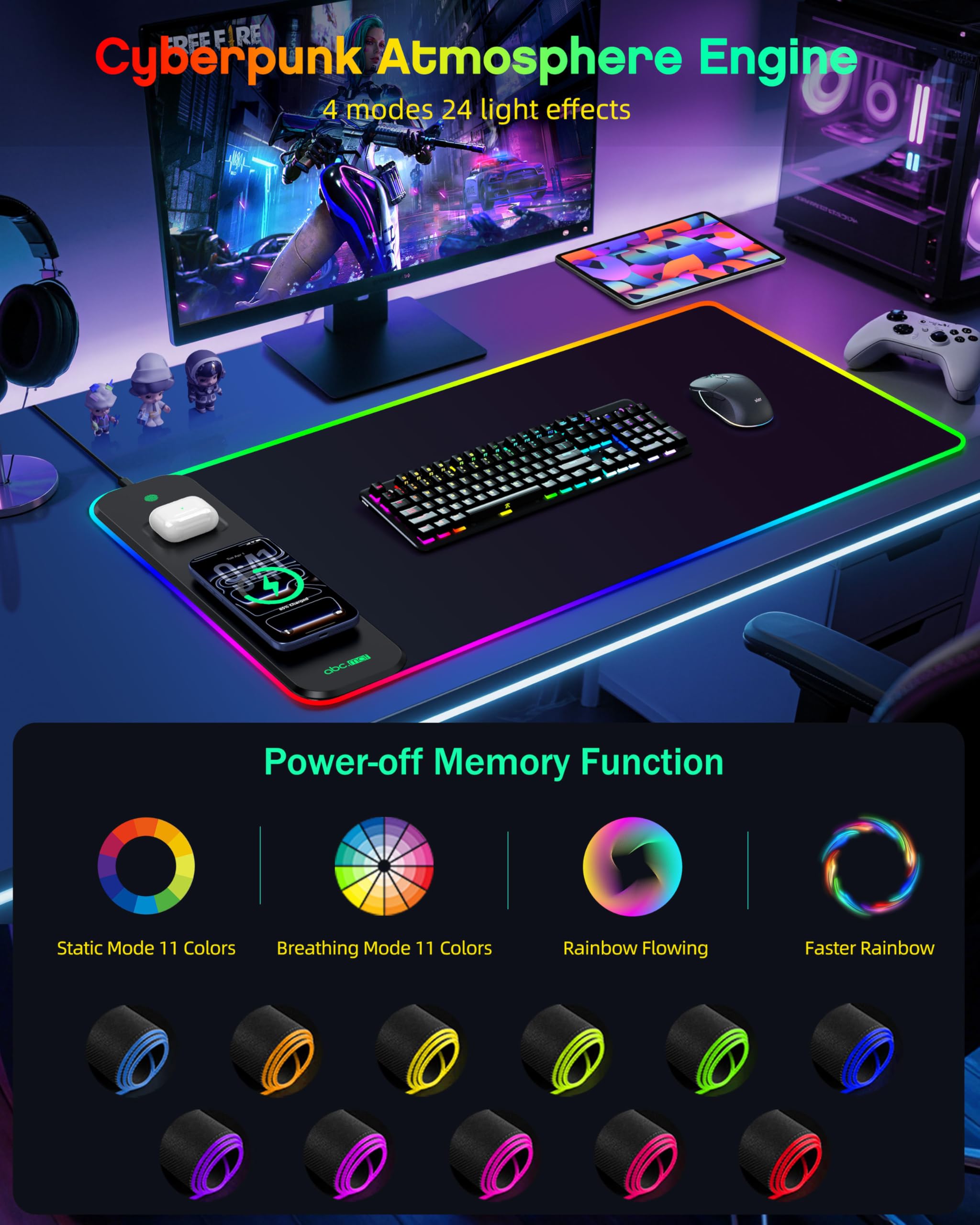 Alfombrilla de mouse RGB 3 en 1 para juegos con carga inalámbrica magnética, 31.5 x 15.8 pulgadas, grande, 24 efectos de luz, base antideslizante, superficie ultra lisa impermeable, con