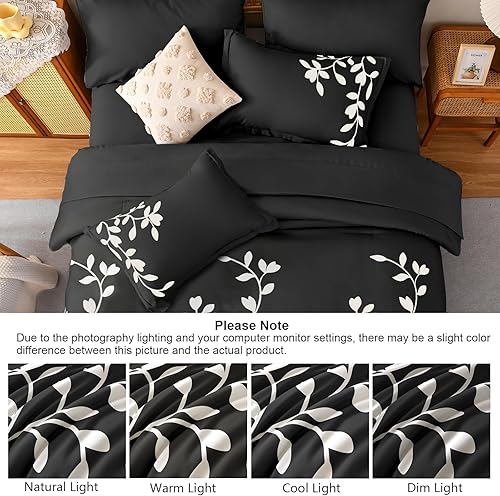 Miniatura 5 de Juego de edredón tamaño Queen - Juego de 7 piezas con diseño floral botánico sobre negro, juegos de edredón Queen con sábanas y almohadas, juego de