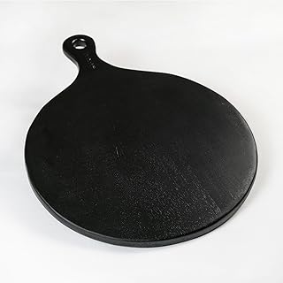 The Fine Living Co. Black Charcuterie Board, Round Paddle Board with Long Handle, Mango Wood Serving Platter for Meat, Pizza, Bread, Food-Grade Wooden Serving Trays, 16”x12”, 0.6" Thick