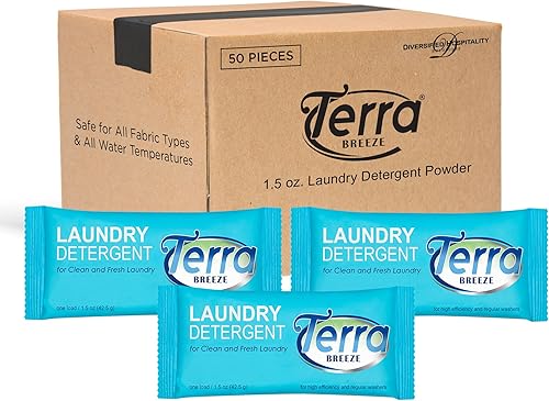 Terra Breeze - Detergente en polvo para ropa, paquete de 1.5 onzas envueltas individualmente (caja de 50)