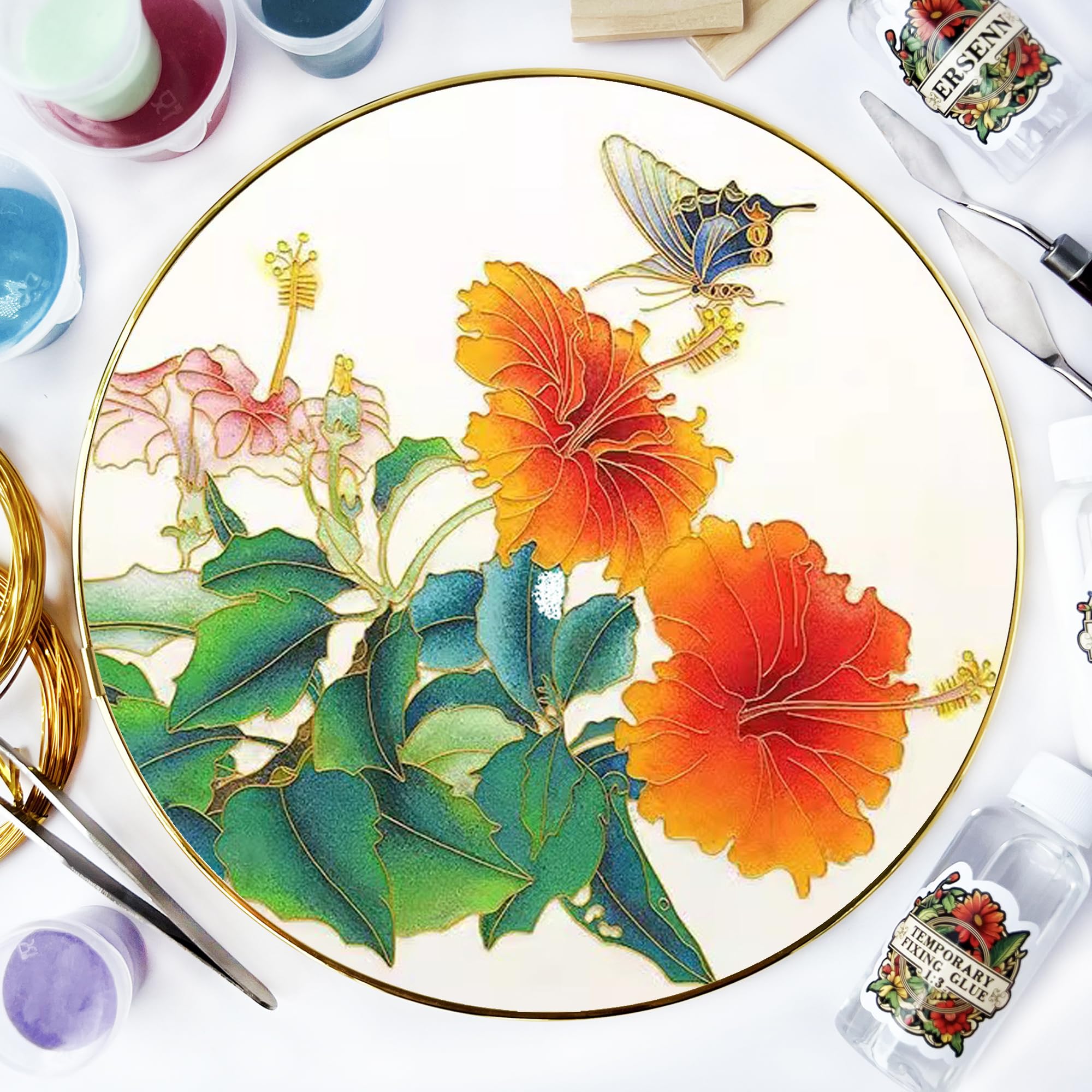 ERSENNQW Cloisonne Painting DIY Art Kit Hibiscus and Butterfly Craft Kit of Adult Perfect for Artistic Home Decor and Unique Gifts Diameter 11.8 in