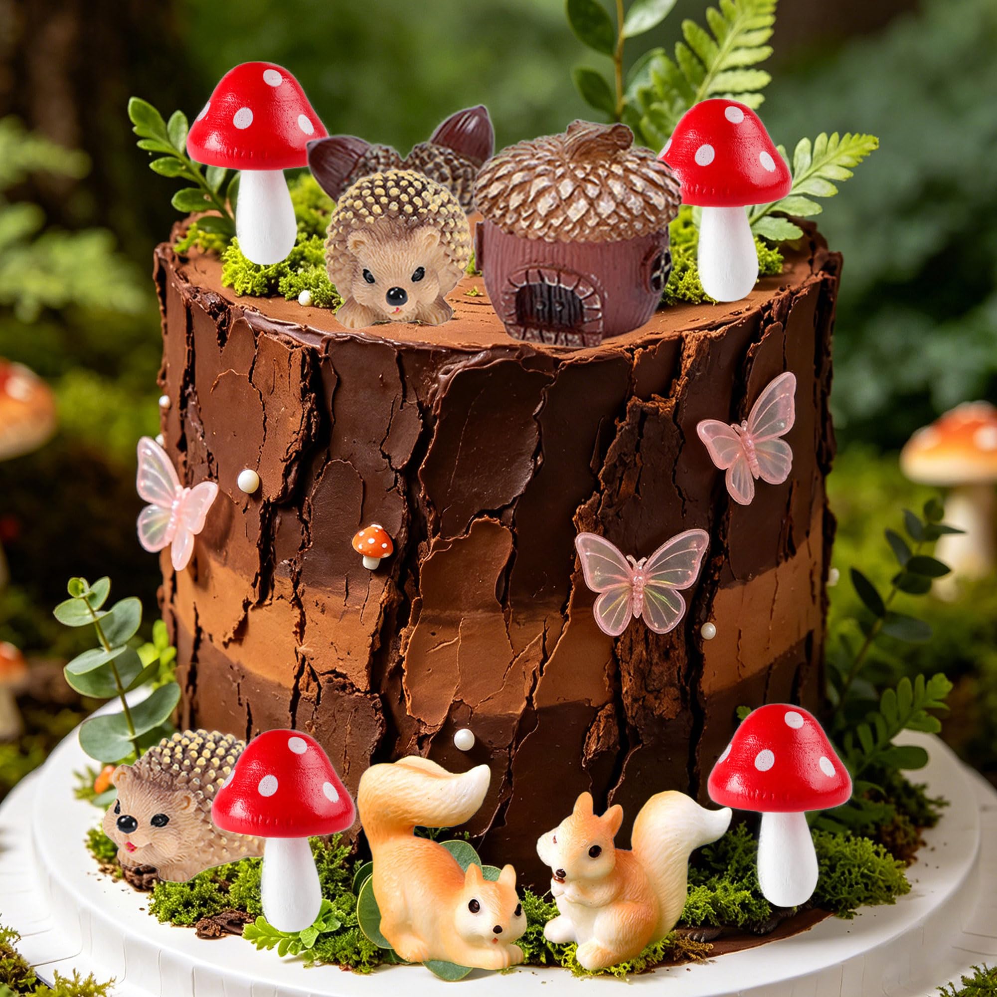 Woodland Animal Cake Toppers Forest Mushroom Fairy Garden Decor Miniature Hedgehog Squirrel Figurines for Baby Shower Birthday Party Decorations