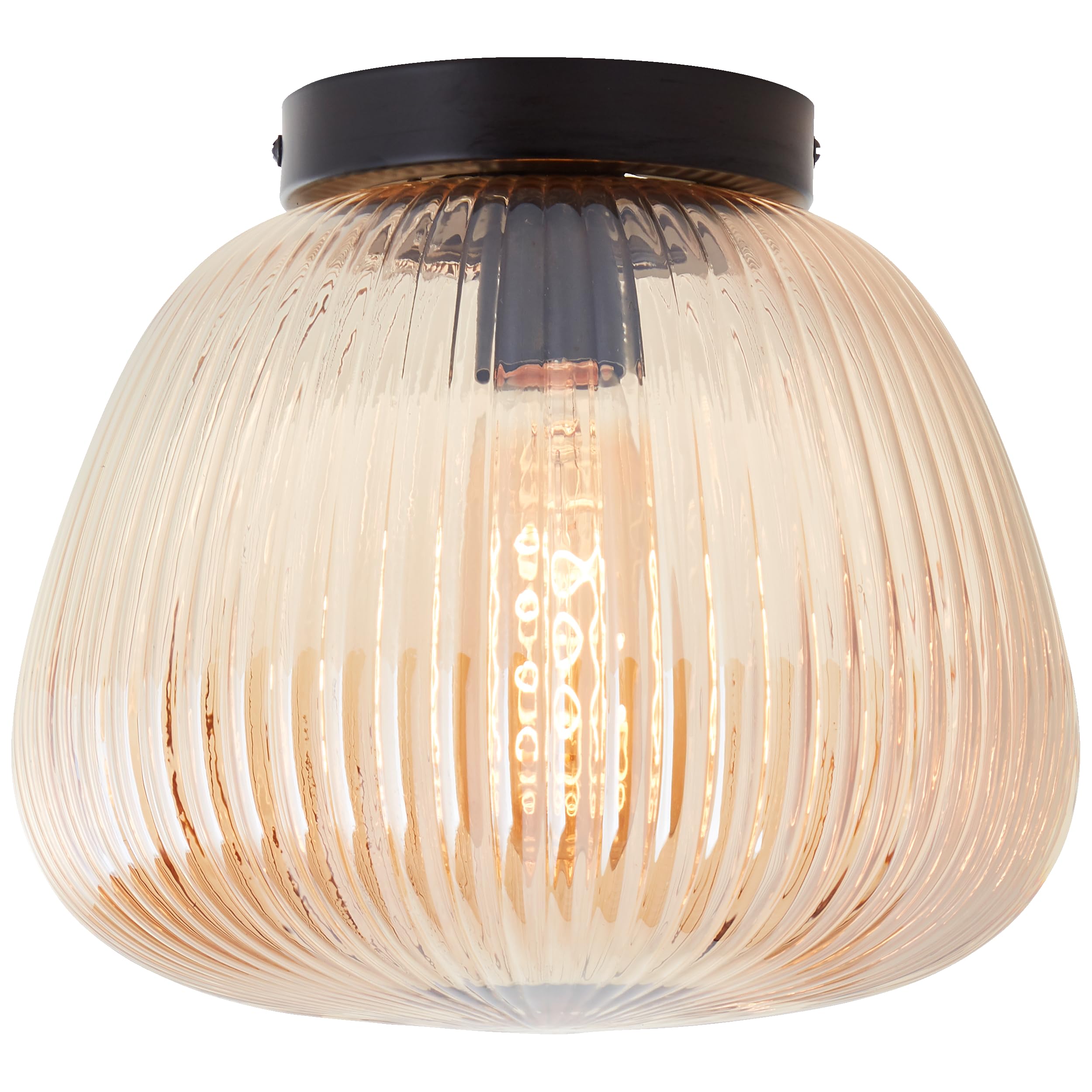 Lightbox Retro Deckenlampe mit Riffelglas Lampen-Schirm | Ø 25 cm | dekorative Deckenleuchte | E27 Fassung | Wohnzimmer-Lampe aus Glas/Metall in Amber-Bernsteinfarben/Matt Schwarz