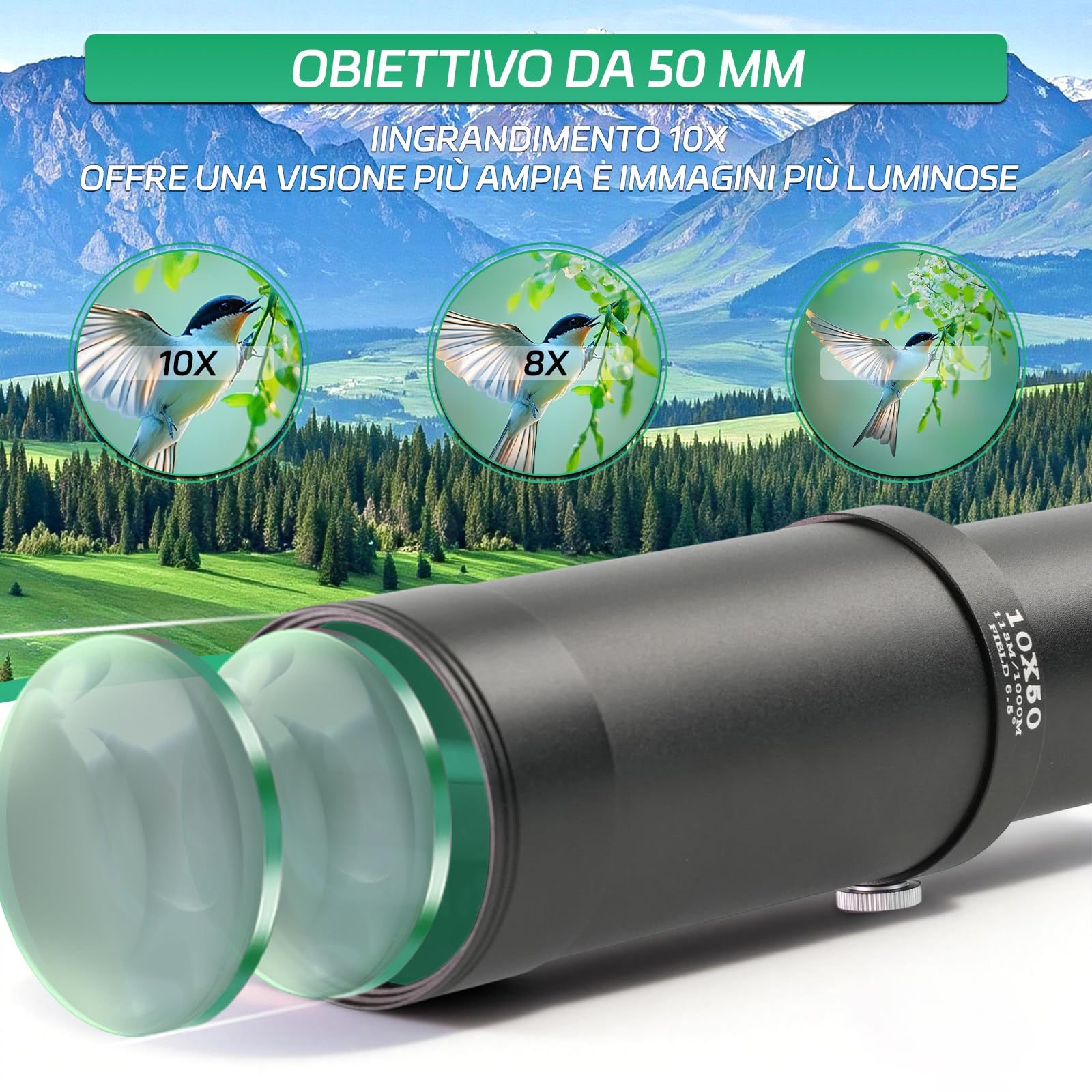 Telescopio Monoculare 10x50,Impermeabile per Birdwatching | HD FMC ad alta potenza Telescopio monoculare,Portatile per adulti bird watching caccia escursionismo, campeggio
