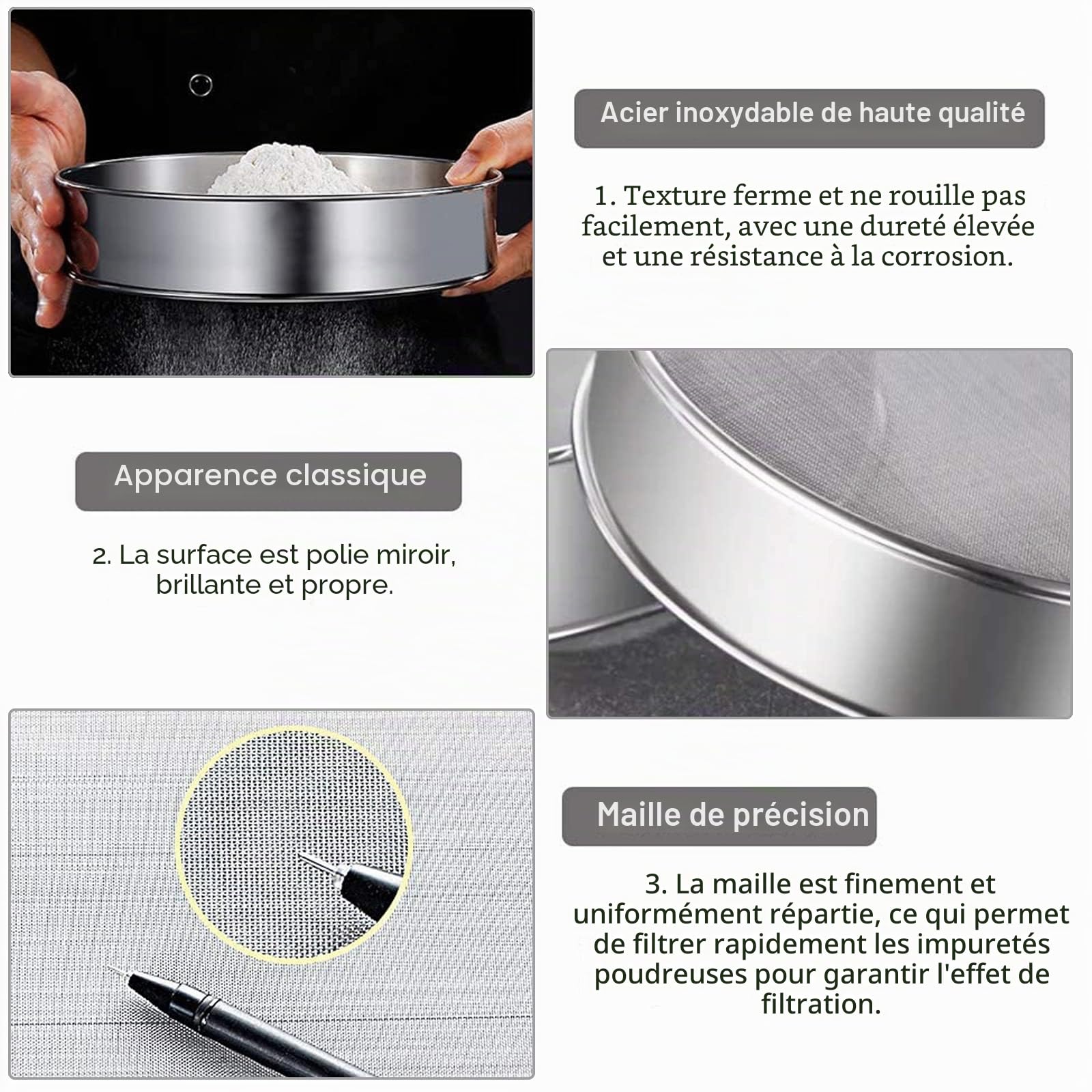 Tamis à mailles fines en acier inoxydable - Tamis de cuisine - Passoire à farine Riddler Pollen - Avec 150 mailles - Tamis à farine fine en acier inoxydable pour riz, céréales, haricots, fruits et