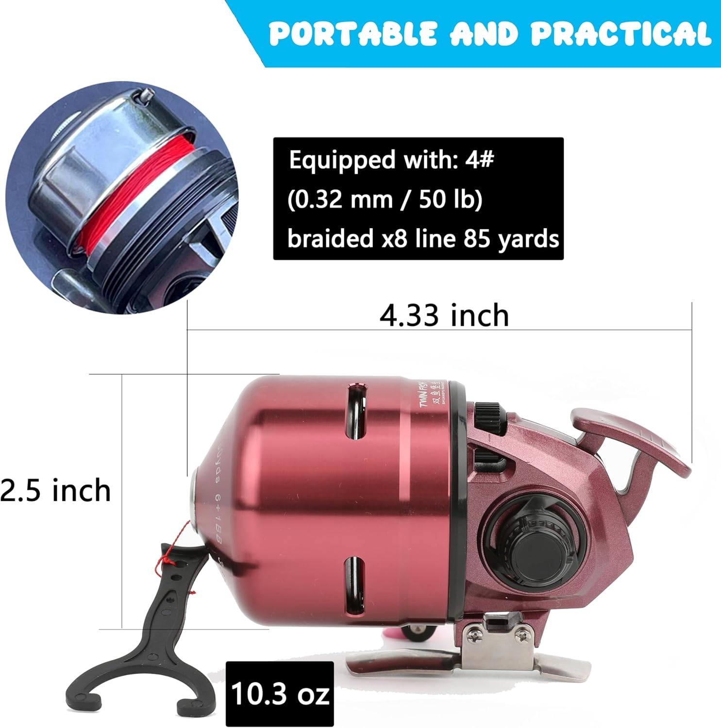 AMEYXGS MPX39 Bowfishing Reel for Archery Hungting Bow Fishing, Stainless Steel and Aluminium, Left/Right Reversible Handle, 3.875:1 Gear Ratio, Strong Line 4# 85 Yards 0.32mm/50lb