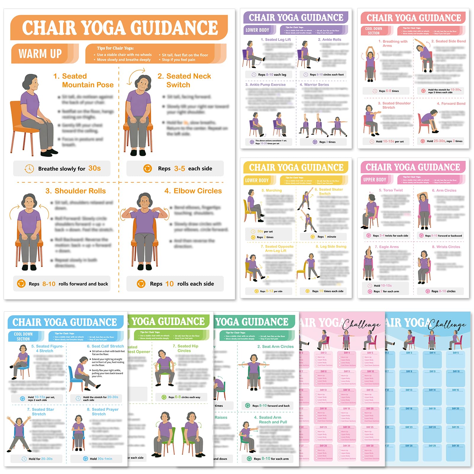 View 1 of 10Pcs Chair Yoga Posters for Seniors Beginners Tai Chi Workout Chart