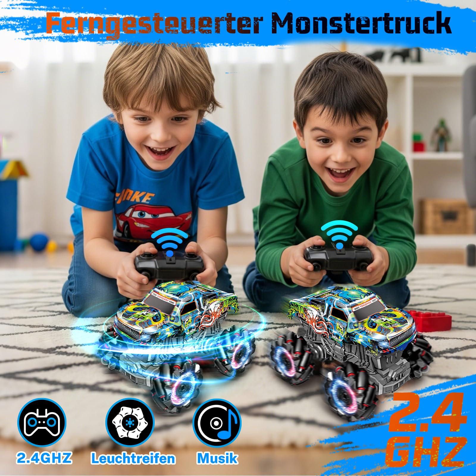 Monster Truck z podświetlanymi oponami i muzyką, 2,4 GHz, obrót o 360°, ciężarówka Monster Truck 1/20 z 2 bateriami, 50 min autonomii, samochód zdalnie sterowany od 3, 4, 5, 6, 7, 8