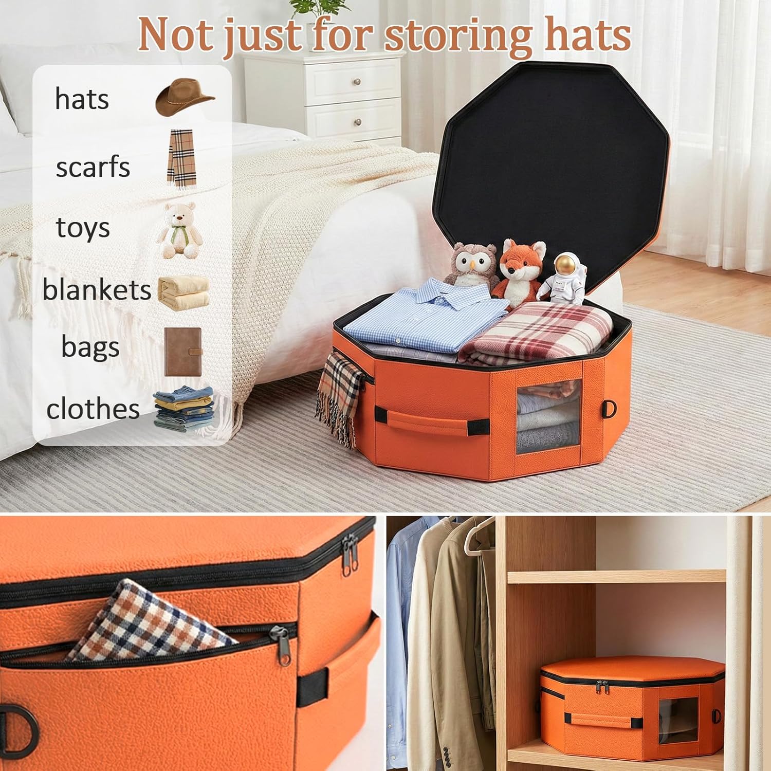 Upgraded Vegan Leather Hat Storage Box,Fits 5 Cowboy or Wide-Brim Hats, Structured Padded Hat Carrier with Shoulder Strap and Clear Window, for Travel or Home Organization, Orange