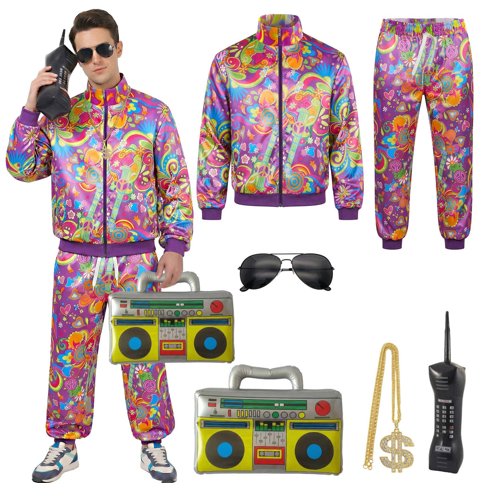 Xerteam 80s 90s Fancy Dress Men with Accessories, Retro 80s 90s Hip Hop Outfit for Adults, 80s Fancy Dress Set with 1 Sportswear Shirt Pant Hat Necklace Balloon Glasses (Purple 2, M)
