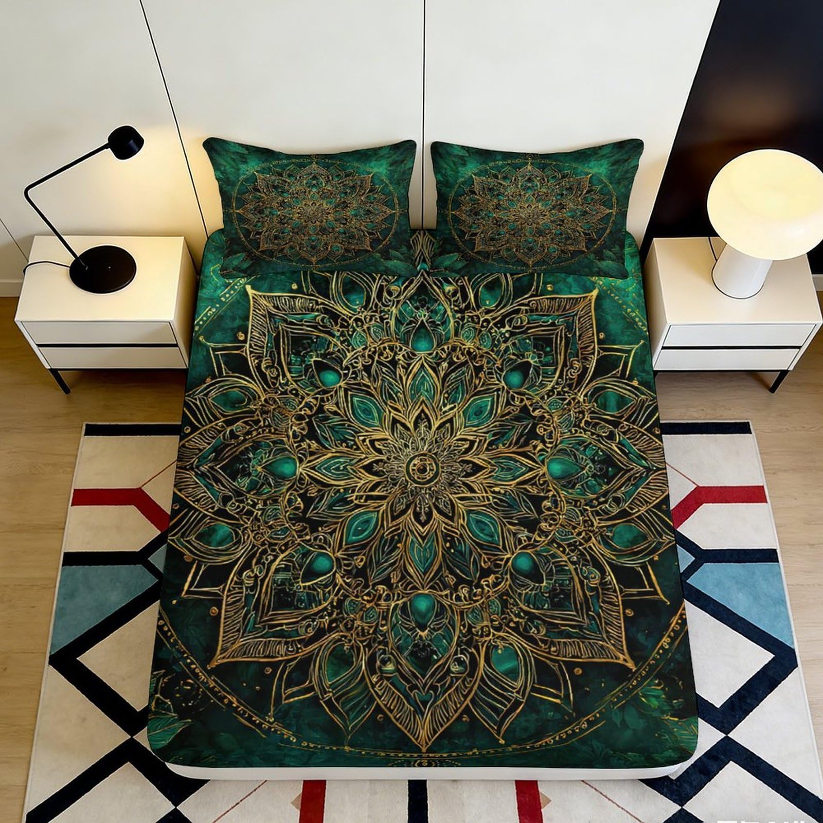3D Printed Peacock Mandala Fitted Sheet Microfiber Deep Pocket Non-Slip Bedroom Bedding Mandala Mattress Fitted Cover Washable Home 200x200x25cm 90x200x25cm