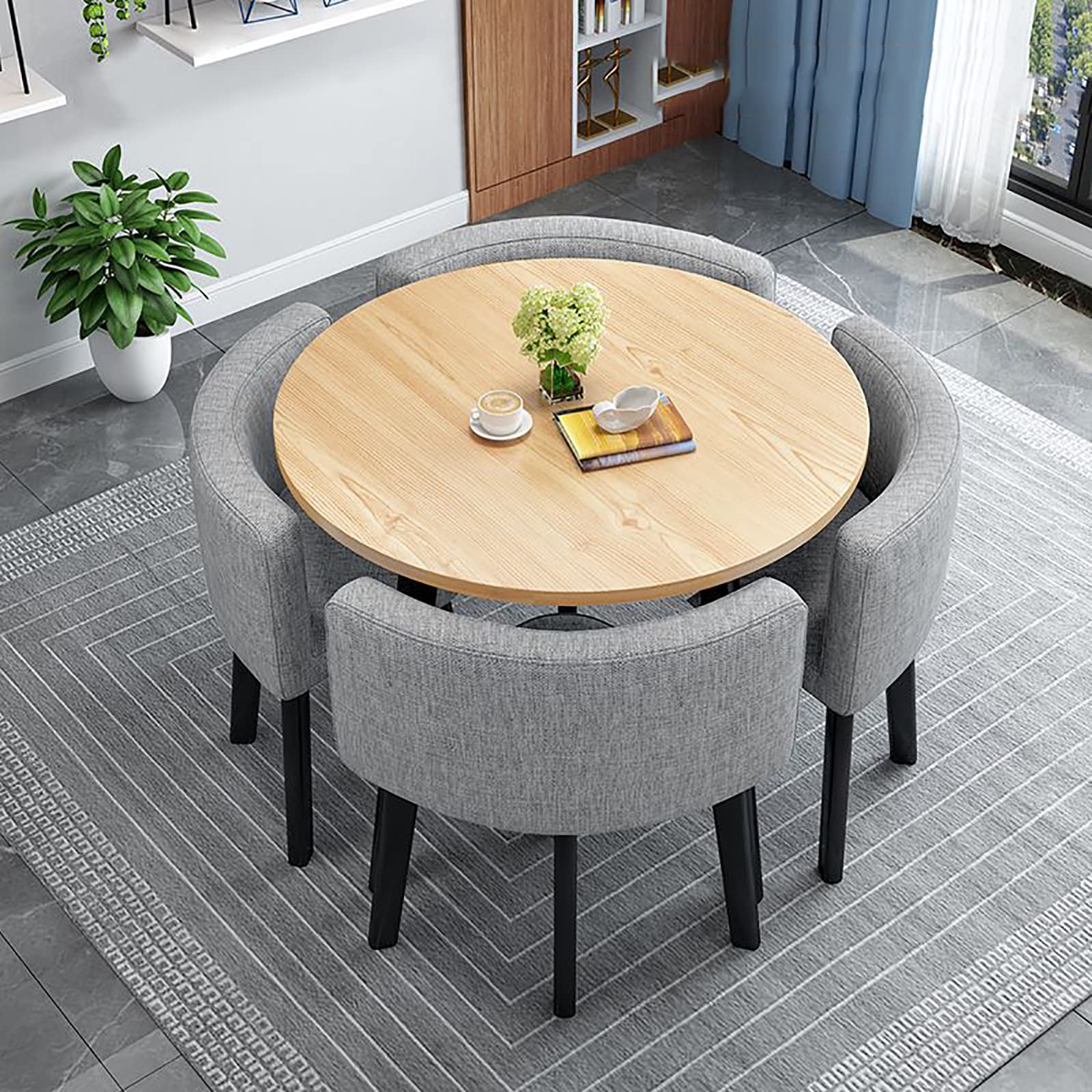 Modern Round Dining Table Set Space Saving Kitchen Table with 4 Fabric Chairs Ideal for Home Office 90 * 90 * 75cm Reception Saving Set,A25-90 * 90 * 75cm