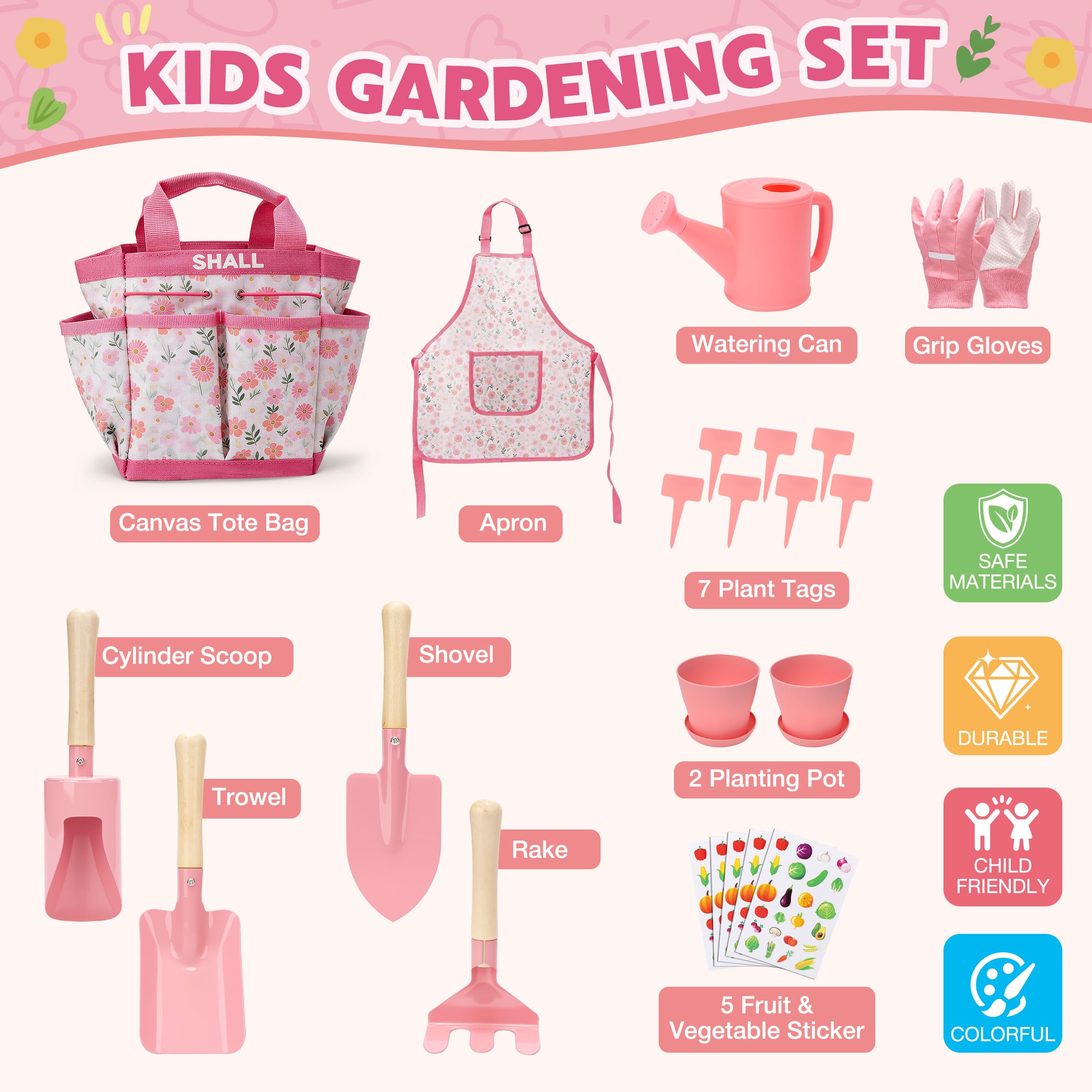 Shall Set da Giardinaggio per Bambini, 22 Pezzi, con Borsa per Il Trasporto e Vari Attrezzi da Giardinaggio. Ideale per Bambine Come Gioco all'aperto e Regalo Perfetto.