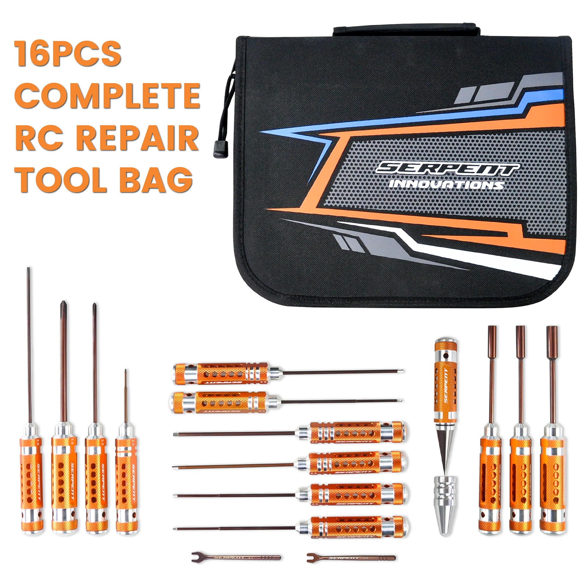 Serpent Kit d'outils pour tout-terrain (16 pièces) RC clé Allen, tournevis à tête plate RC, clé hexagonale, tournevis cruciforme, tournevis à écrou, clé à boucle, alésoir de corps, ensemble d'outils