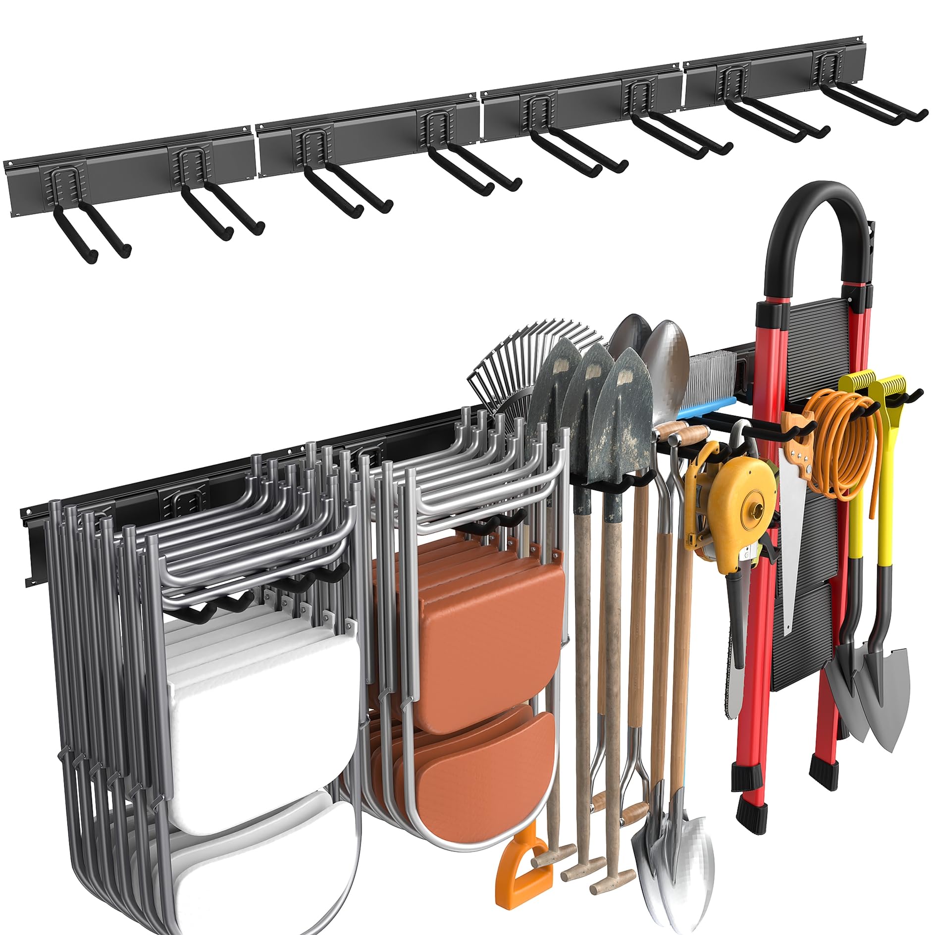 WALMANN Wall Mounted Garden Tool Organizer for Garage, Heavy Duty Folding Chair Storage Rack, 11-Inch Tools Storage Hooks for Shovels, Rakes, Ladders,