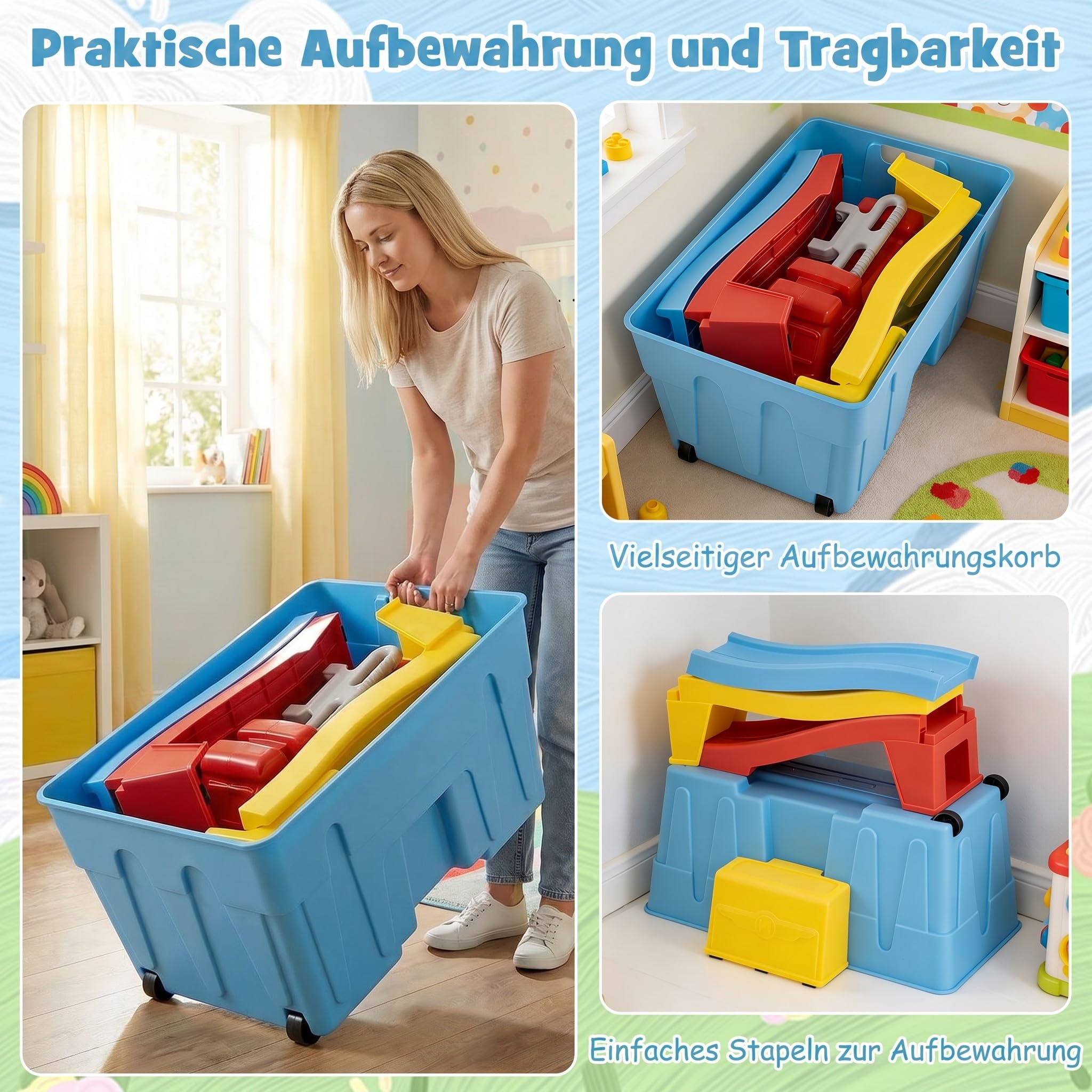 COSTWAY Up & Down Roller Coaster bis 68 kg belastbar (Blau + Gelb + Rot) | erweiterbare Kinderachterbahn mit Rutschauto, Aufbewahrungsbox & Abfahrtsrennbahnen, Motorikspielzeug für kinder ab 3 Jahre