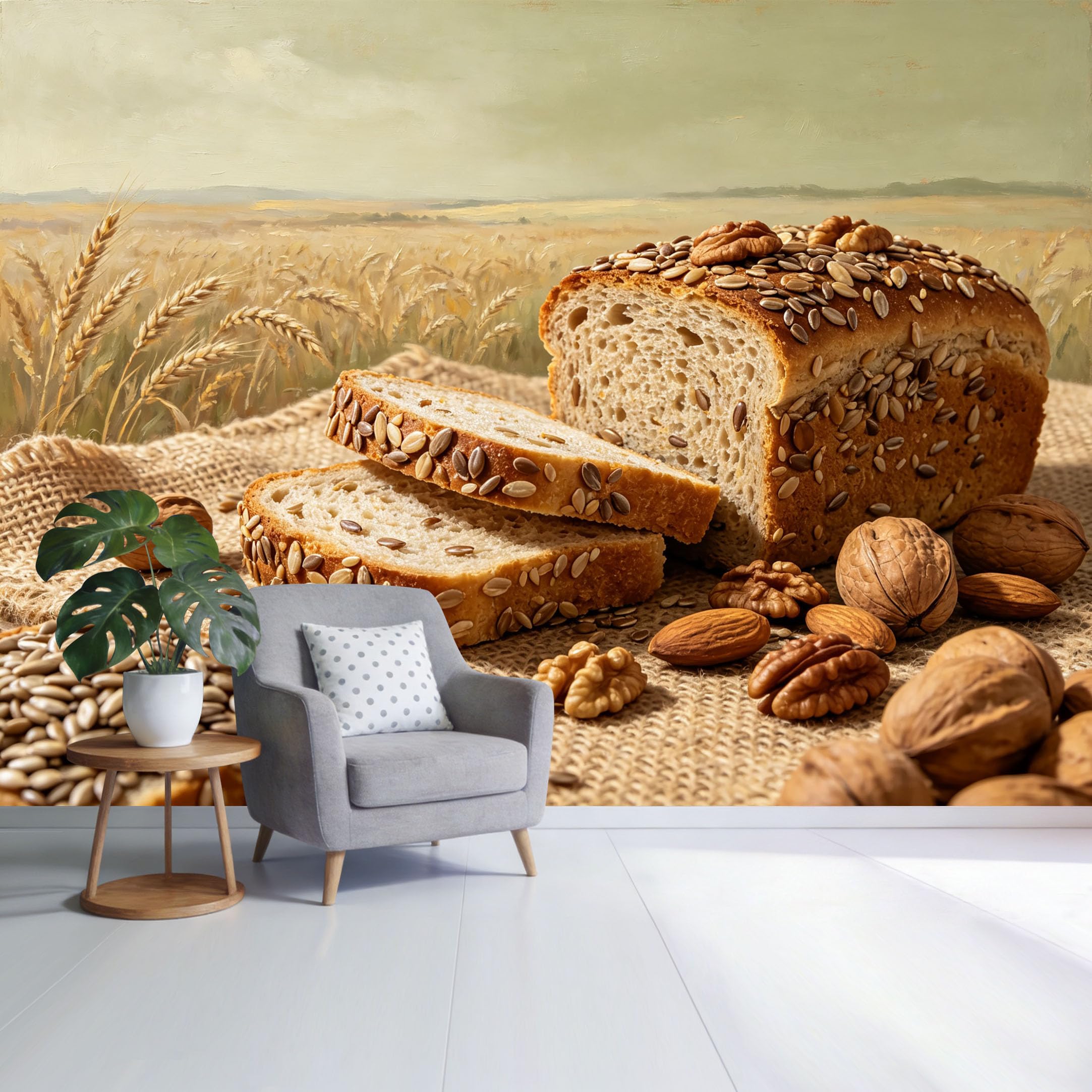 Custom Size Wall Mural Rustic Whole Grain Bread and Nuts in Wheat Field Landscape Farmhouse Style SelfAdhesive Wall Fabric Removable Wallpaper for Home Office Decor