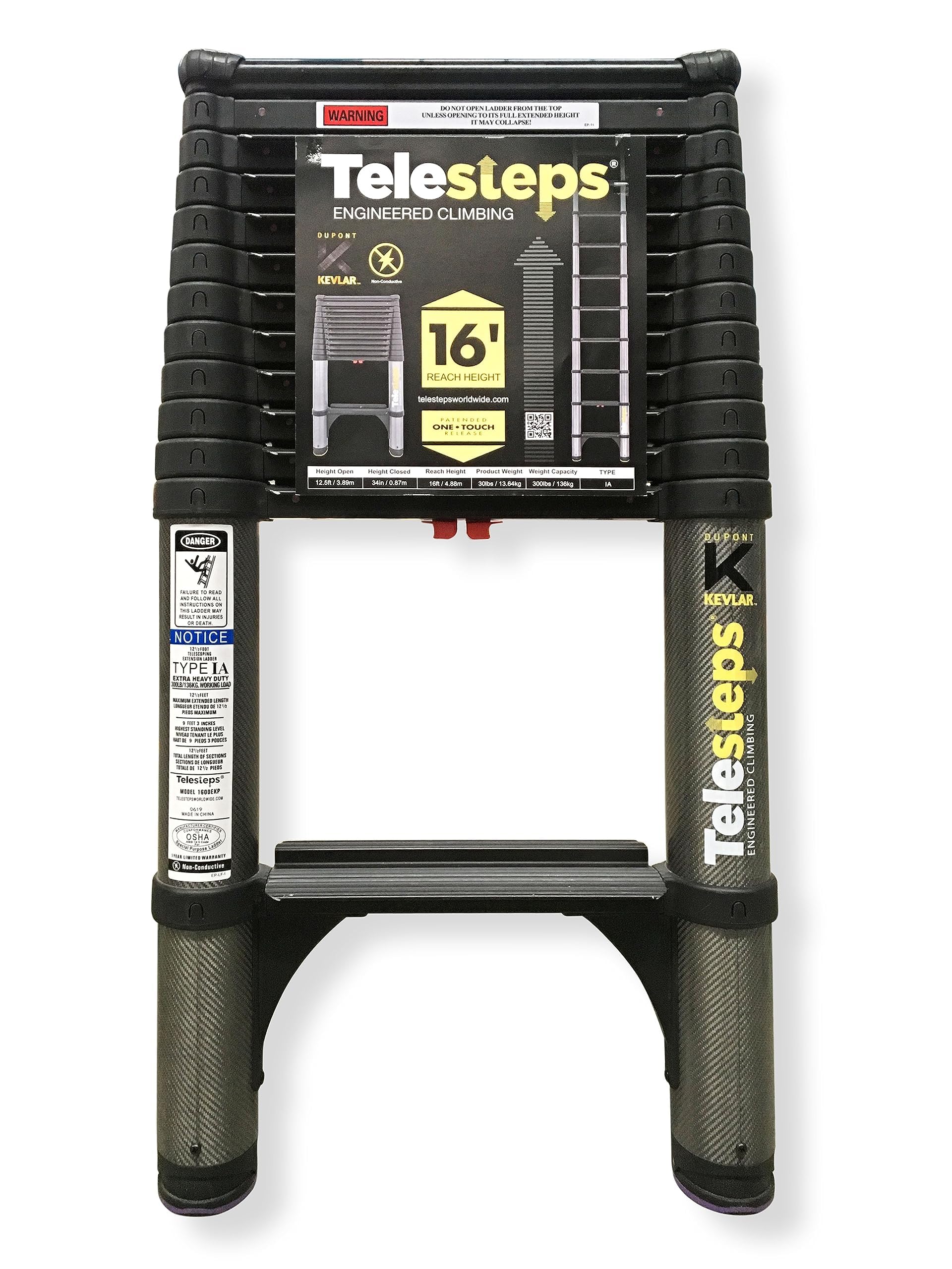 Telesteps Scala telescopica 1600EKP, non conduttiva, Kevlar, rilascio brevettato One-Touch, conforme OSHA 3,8 m di altezza estesa, scala di estensione fino a 4,9 m.