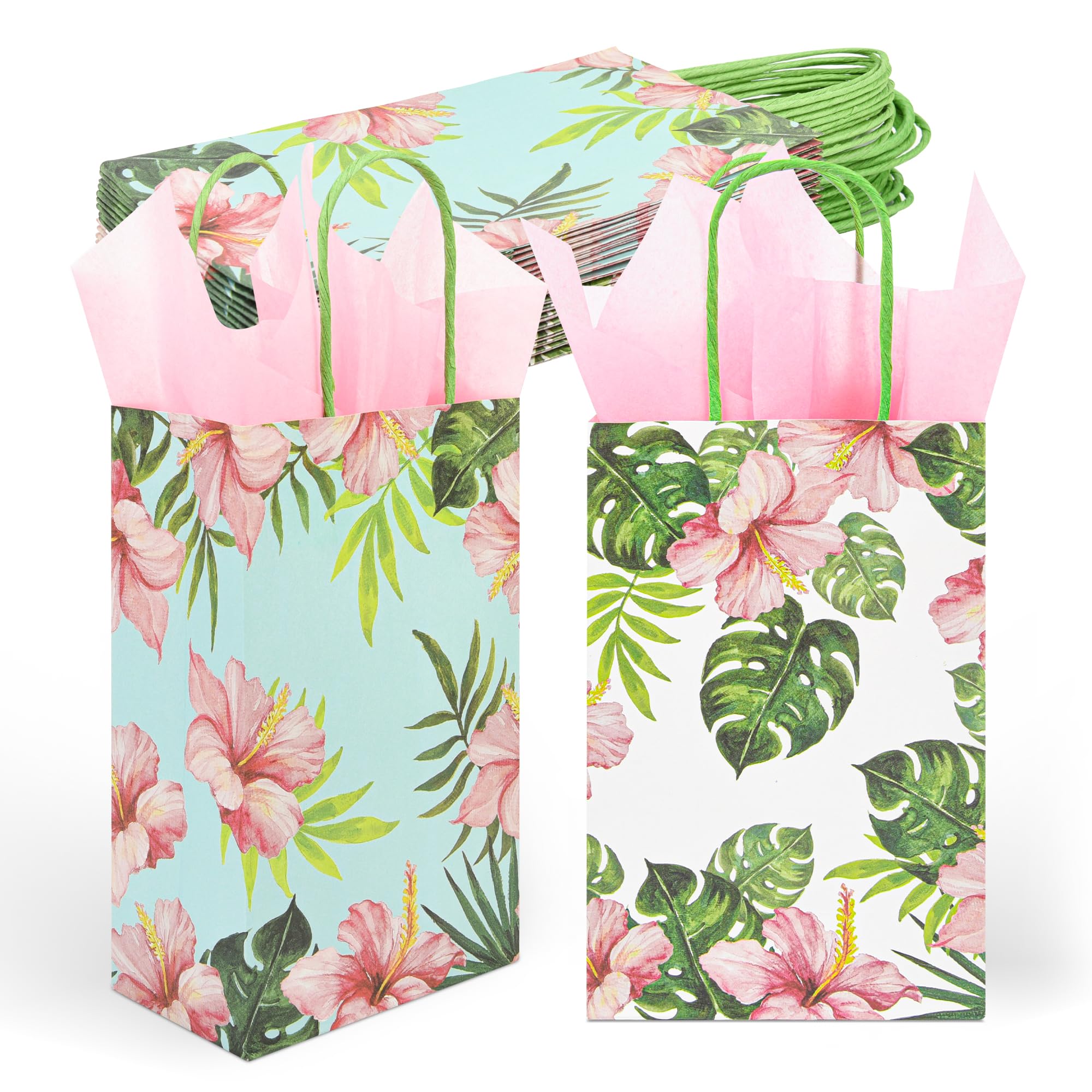 36 Pack Small Hawaiian Tropical Party Favor Gift Bags with Handles 9x5.5x3.15 Inch and 36 Pink Tissue Paper for Luau Parties, Birthdays, Weddings,