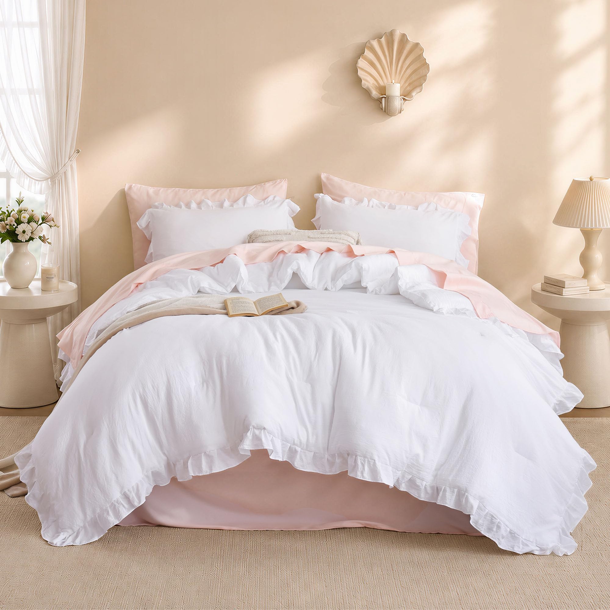 JANZAA White Comforter Set King, Ruffle Soft Bedding