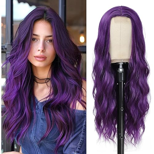 Long Purple Wavy Wigs for Women Middle Part Dark Purple Wig 26 inch Natural Curly Synthetic Wig Heat Resistant Fiber Wigs for Daily Party Use