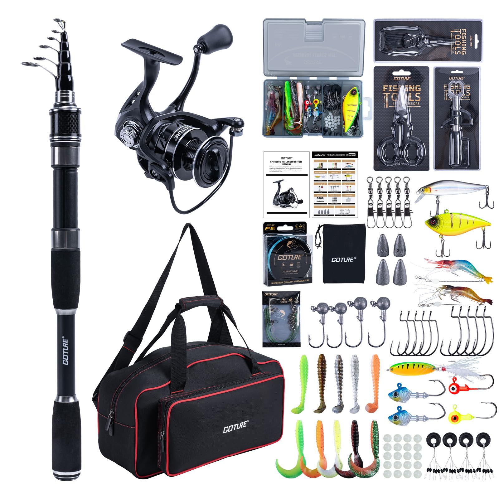 Goture Angelset mit 2 Teleskop-Angelruten, Angelrute Set Komplett 2 5.2:1 Spinnrolle (9+1 Bearing), Schnur, Köderbox & Tragetasche – für Salz-/Süßwasser, Reisen–Angelgeschenk