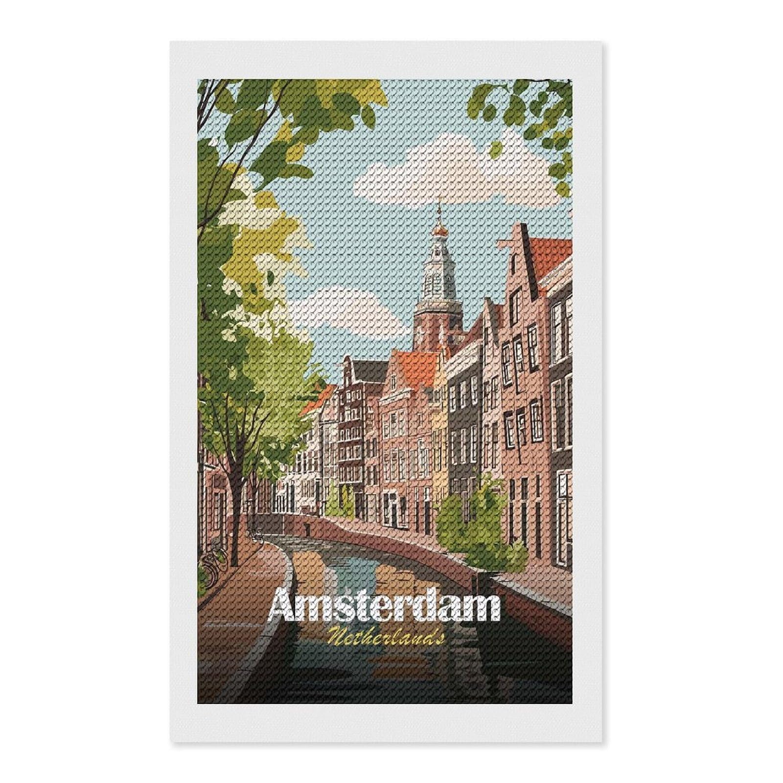 Junmoney Amsterdam Netherlands Canal Cityscape Illustration Diamond Painting Canvas Kit 12"x20", Leisure Activity, Aesthetic Room Decor, with Tool Kit, DIY, Gift