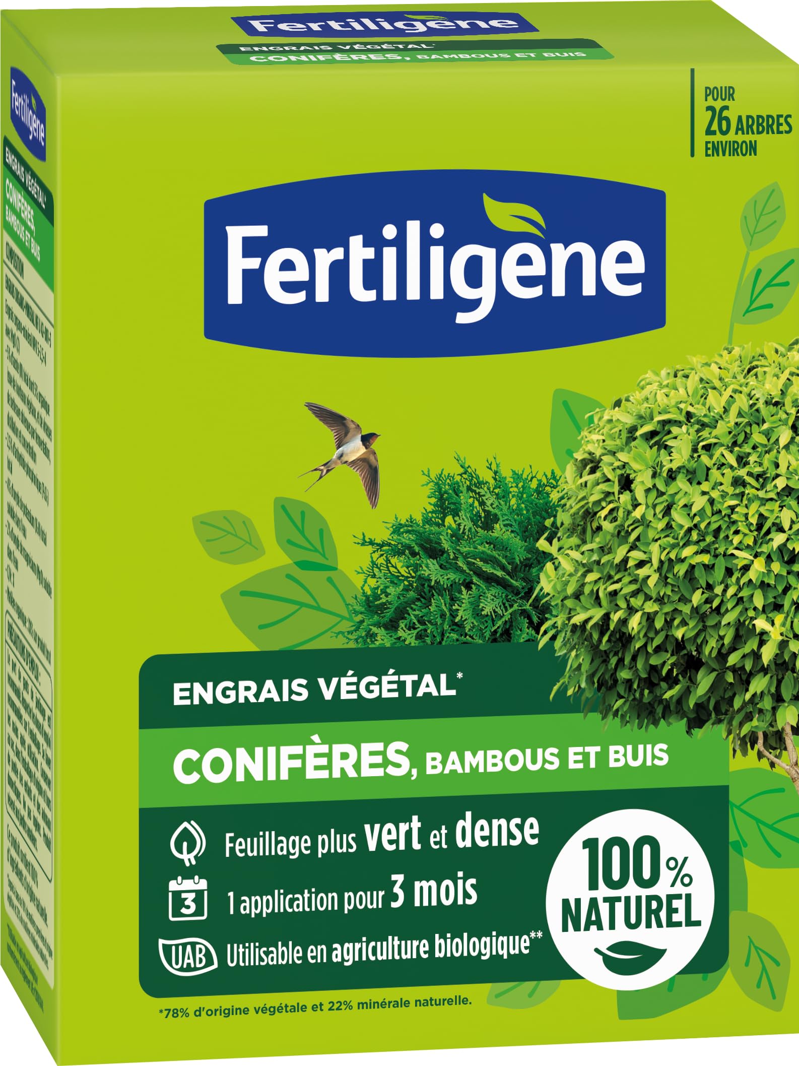 FERTILIGENE FEGCOB650 - Fertilizante vegetal de coníferas, bambú y boj 650 g - Follaje más verde y denso - Solo 1 aplicación en 3 meses - Hasta 26 árboles - Producto 100% natural con zeolita