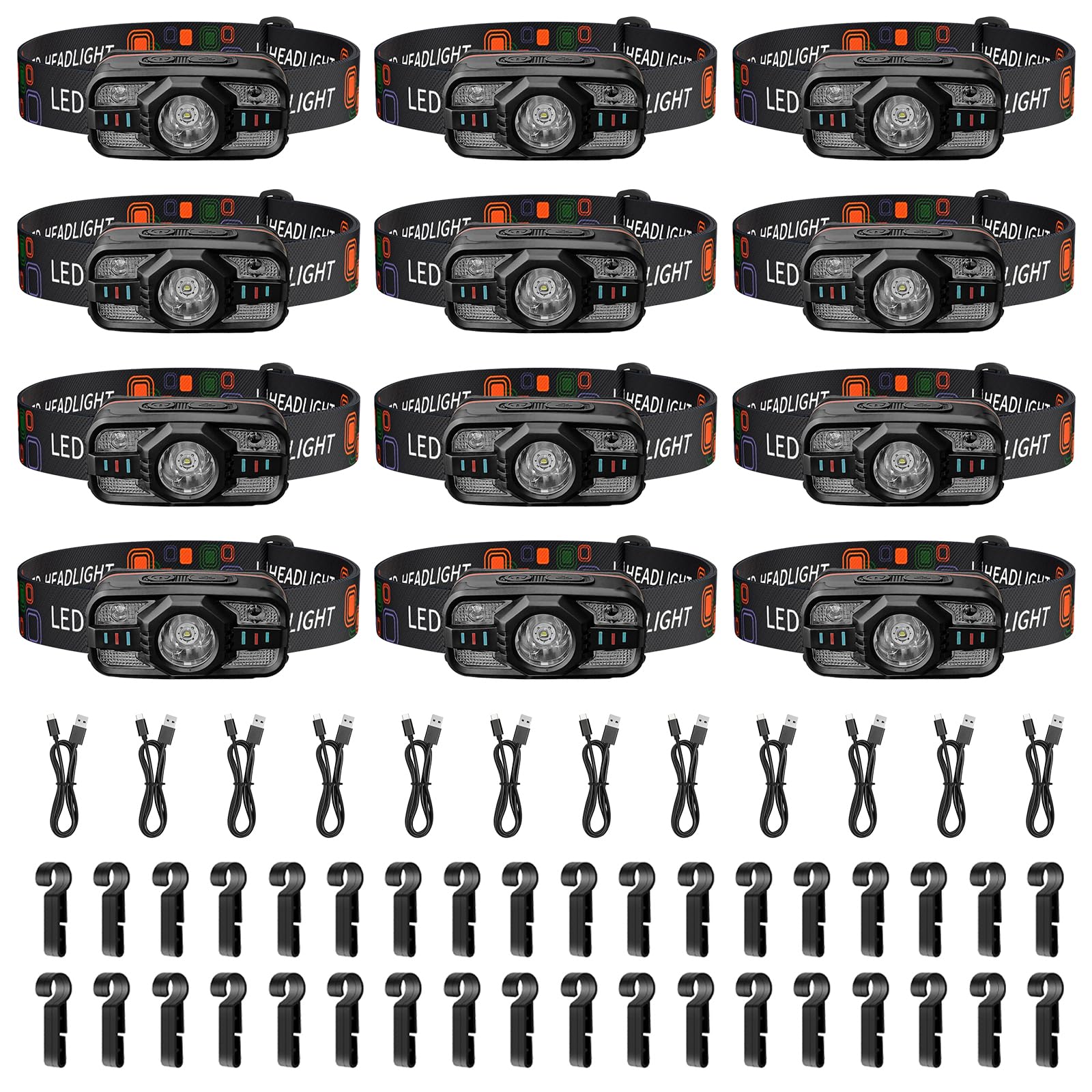 Paquete de 12 faros delanteros recargables USB-C de 2000 lúmenes, sensor de movimiento blanco/punto/inundación, resistente al agua, luz de pluma de 0.25 libras, oferta a granel para camping
