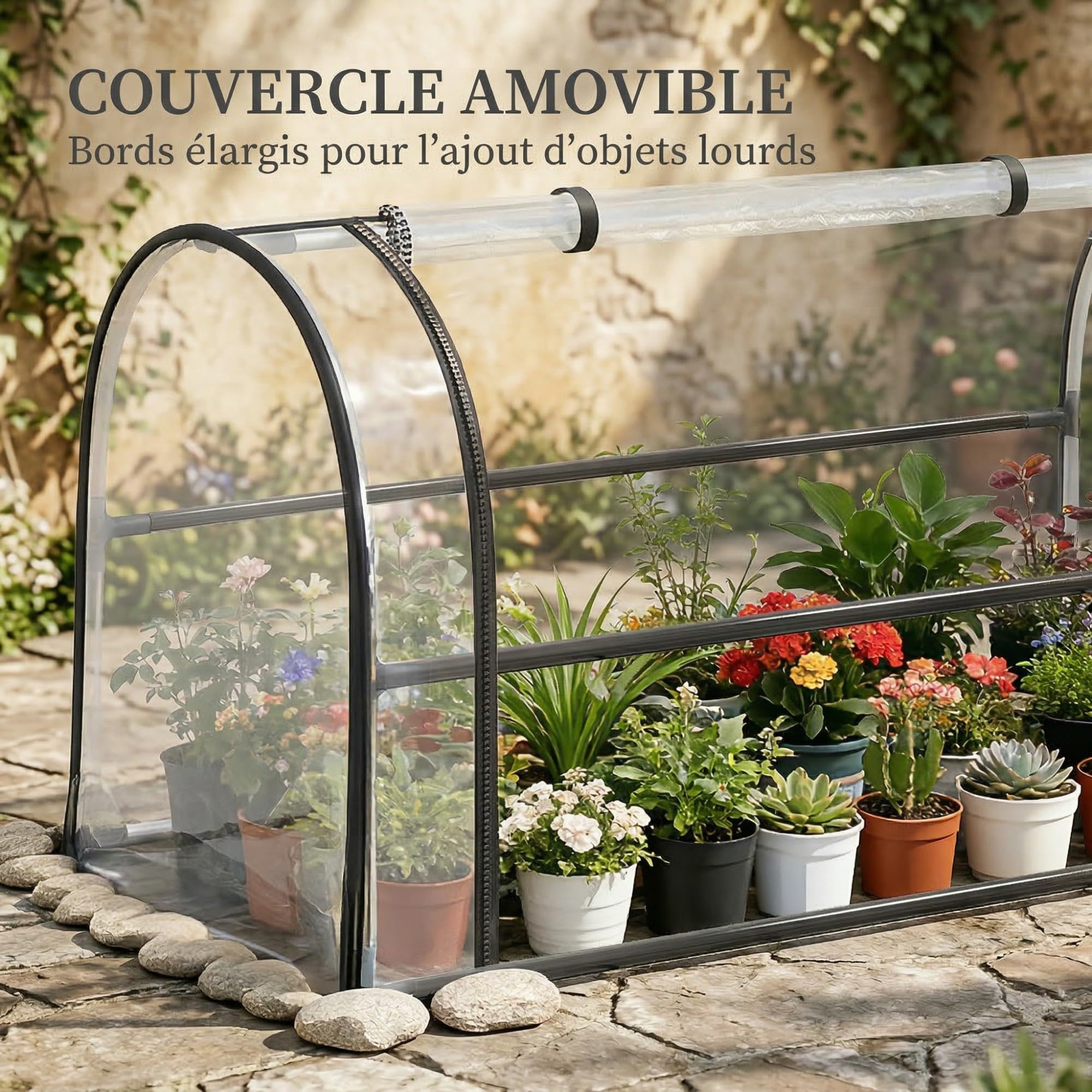 Outsunny Potager sur Pieds avec Serre Rabattable 100 x 49 x 136 cm Noir | Jardinière Haute sur Pied en Métal 97L, Trou de Drainage, pour Plantes Fleurs et Légumes
