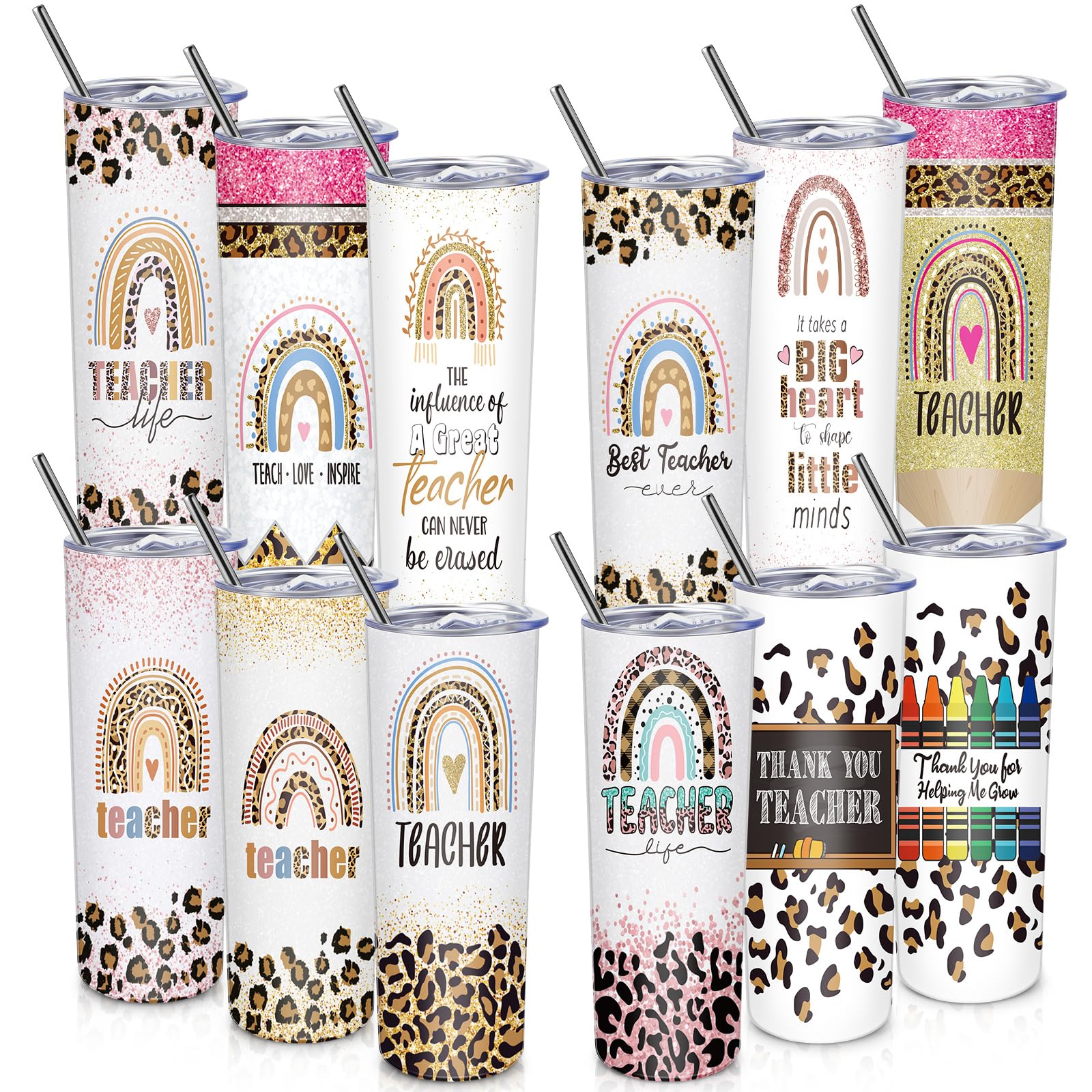 Tioncy Teacher Appreciation Gifts for Women 12 Pcs Teacher Stainless Tumbler Bulk 20oz Rainbow Teacher Water Bottle Gift for Birthday Christmas Teacher Day