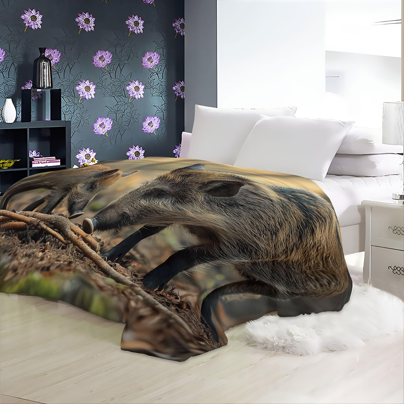 Forêt Faune Sanglier Plaid Polaire, Couverture et Plaid Canapé Grande Taille en Flanelle Douce et Chaude Brun Confortable pour Enfants et Adultes, Chambre et Lit 150x200 cm