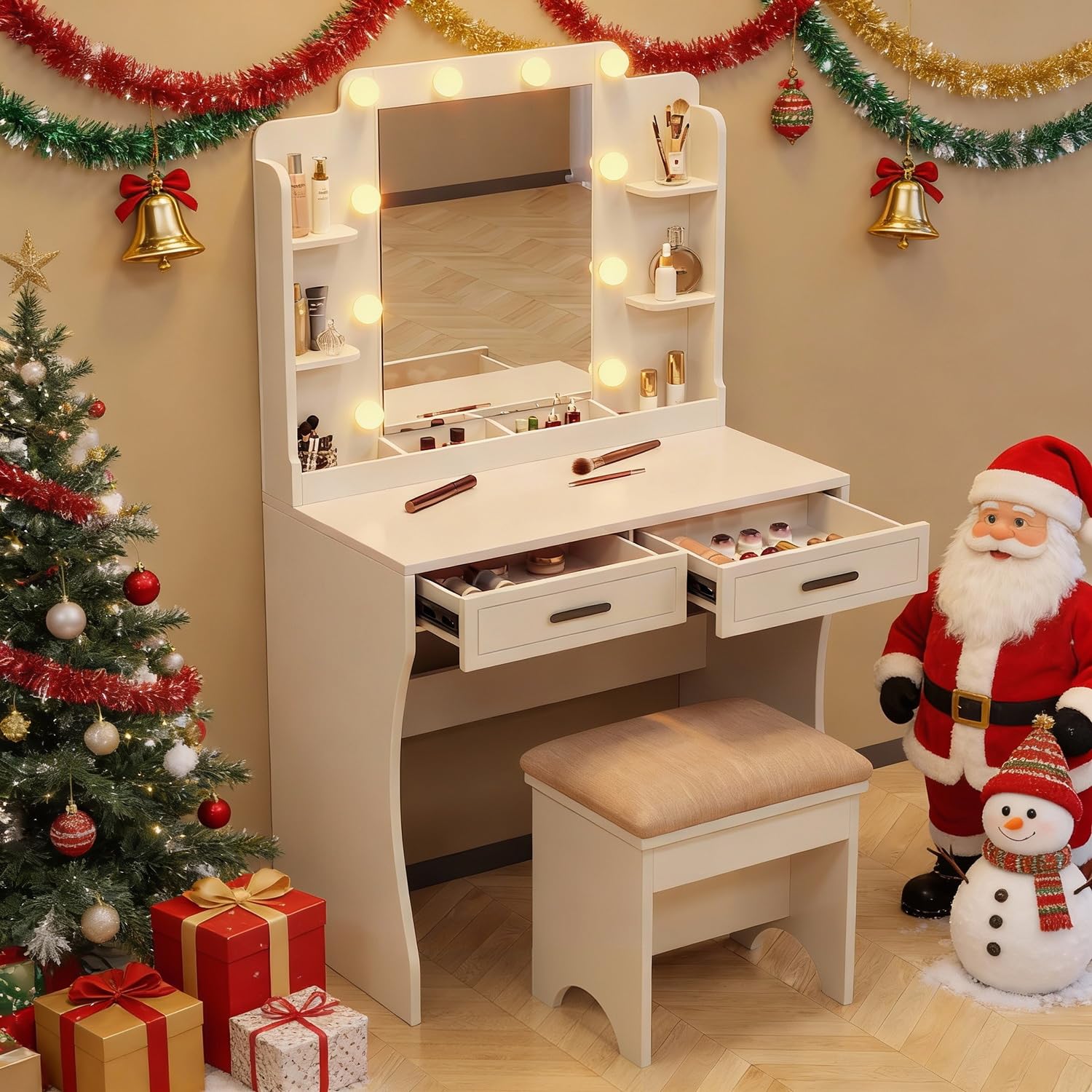 YIXHQ Makeup Vanity Desk with Mirror and Lights Makeup Table with Lights Luxury Vanity Desk with Mirror White Girls Vanity Set Make Up Bedroom Vanity(