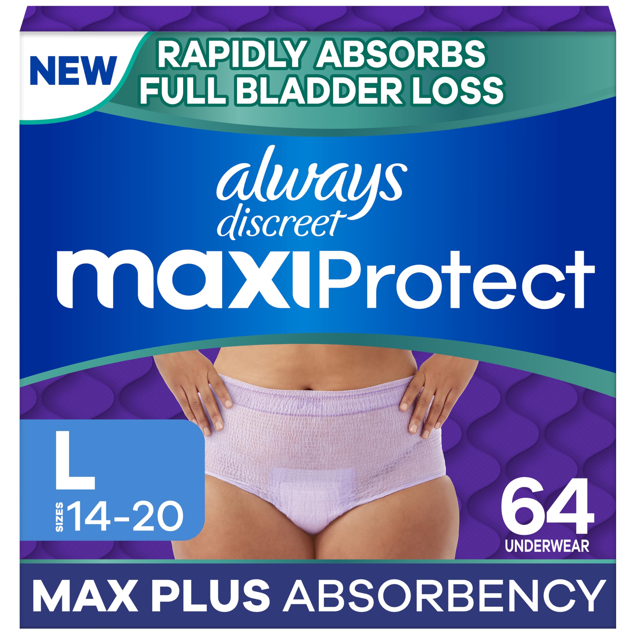 Always Discreet MaxiProtect Adult Diapers for Women, Incontinence Underwear, Postpartum Essentials, Bladder Leak Protection, Disposable Briefs,