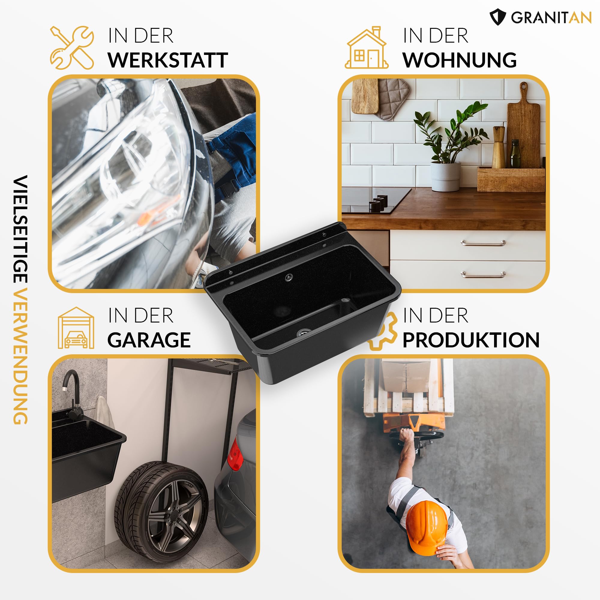Granitan Ausgussbecken für Garage Keller Werkstatt - Universal Waschtrog mit Siphon - Waschbecken Wandmontage aus Polypropylen - 61x41x30 cm (Weiß + BETA Waschtischbatterie)