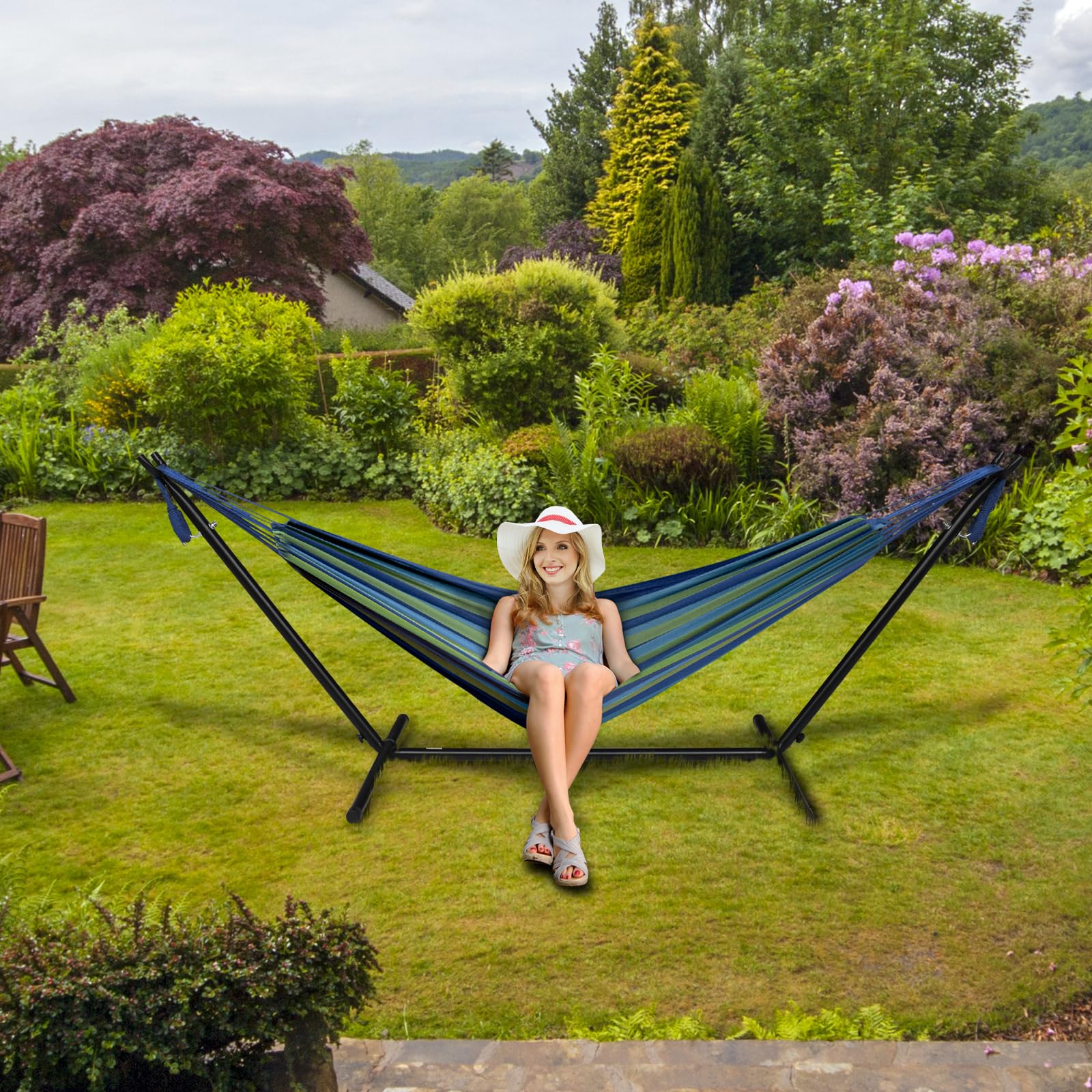 Bonnlo Hamaca con Soporte para Exterior,Hamacas Colgantes, Capacidad de Carga hasta 204 kg, Incluye Bolsa de Transporte, Hamaca Jardin, Hamacas Colgantes,Altura Ajustable (Azul-Verde)