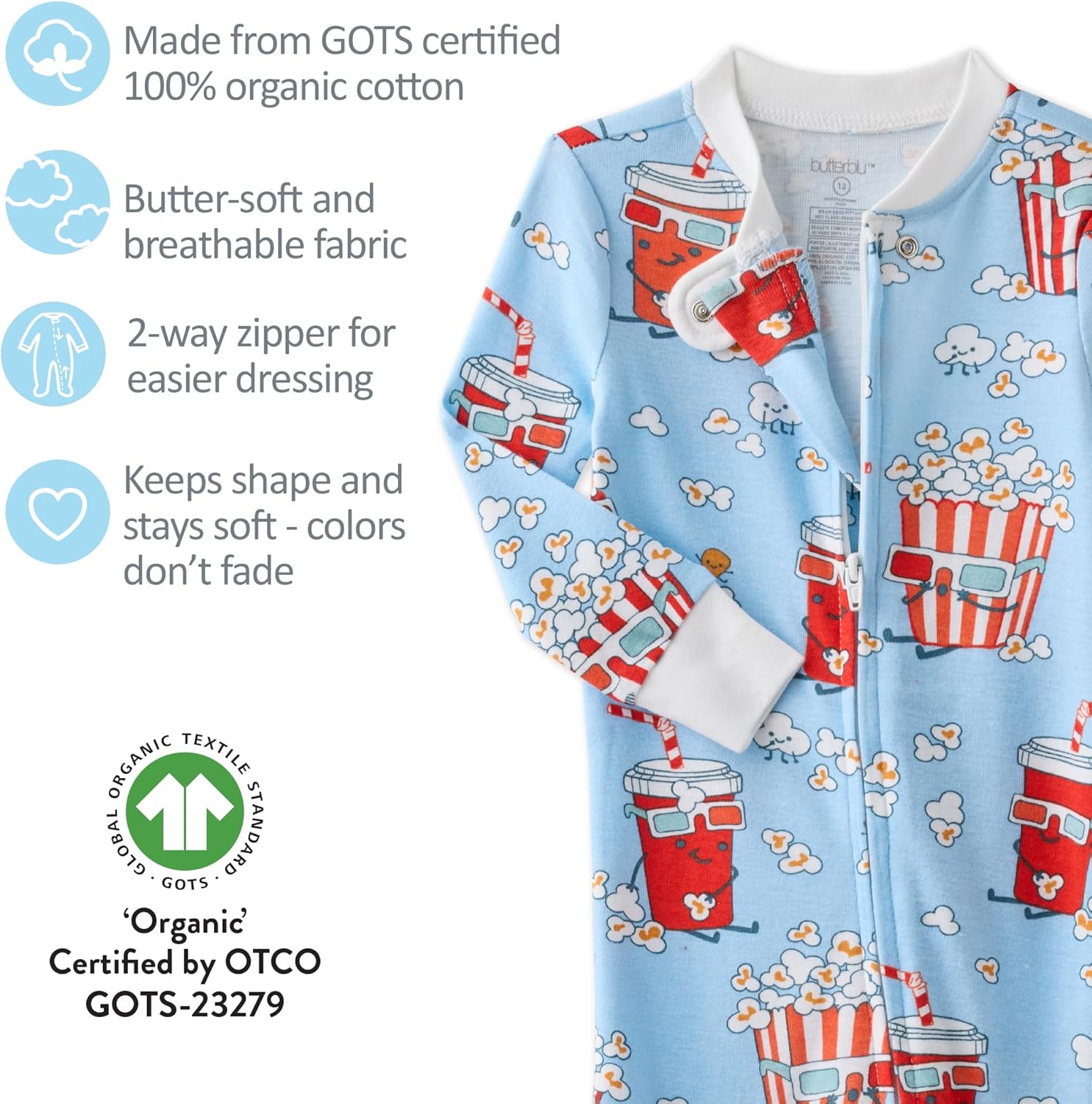 Cruz Snug-fit Footed Baby Pajamas 100% Organic Cotton Zip Front Sleeper Pjs W/Grippers for Baby Boys​
