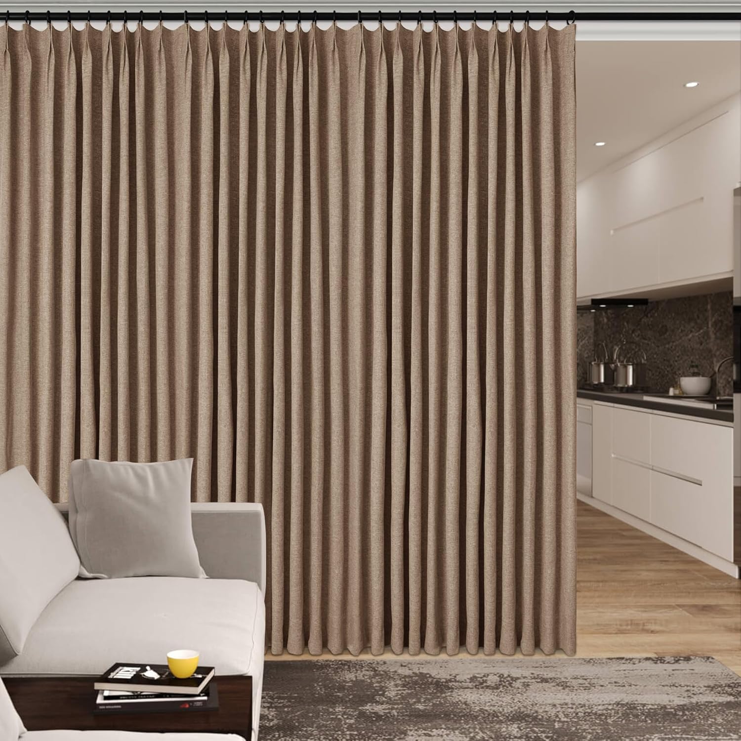 Fcosie 100" W x 96" L Faux Linen Room Divider Curtains, Full Blackout Pinch Pleated Drapes for Traverse Rod, Bedroom Divider Privacy Drapery with Hooks for Ceiling Track, 1 Panel, Taupe
